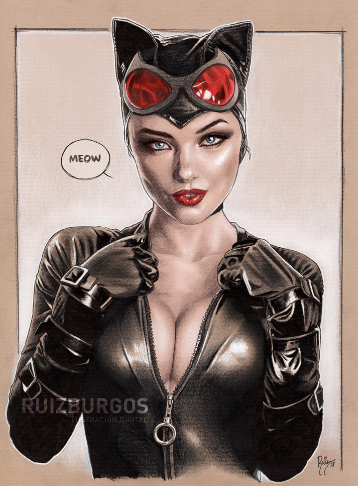 1girls 2018 batman_(series) black_bodysuit black_gloves black_leather blue_eyes bodysuit catwoman dated dc dc_comics dialogue eyeshadow female female_only gloves goggles human leather makeup mascara pinup red_goggles red_lips red_lipstick ruiz_burgos selina_kyle signature solo straight_hair supervillain text unzipped unzipped_bodysuit upper_body zipper zipper_pull_tab