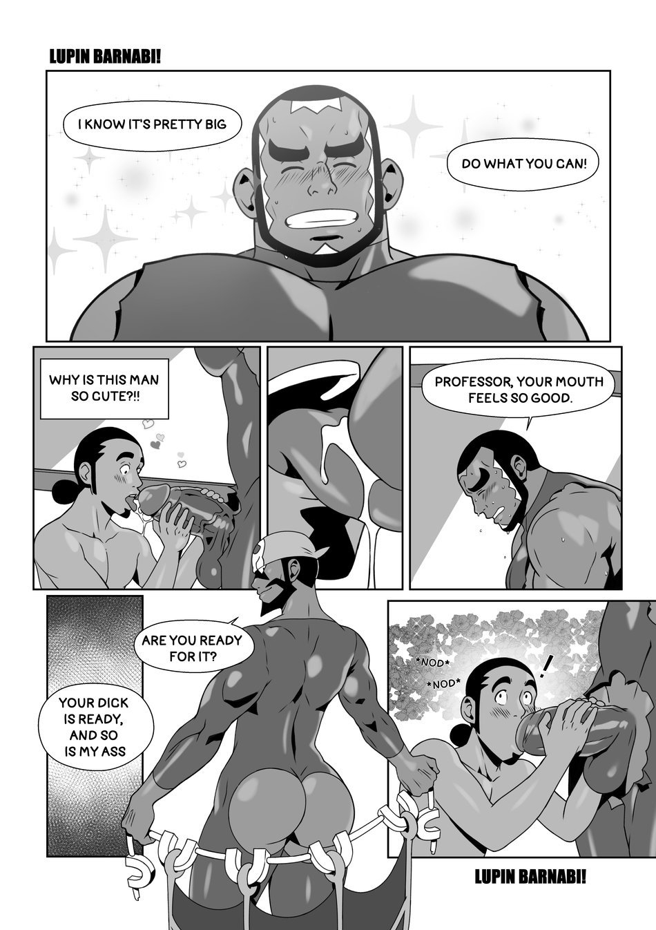 archie_(pokemon) balls bara beard big_penis blowjob boner comic erection facial_hair gay kukui_(pokemon) lupin_barnabi male male_only matt_(pokemon) monochrome muscles muscular nintendo oral penis pokemon speech_bubble