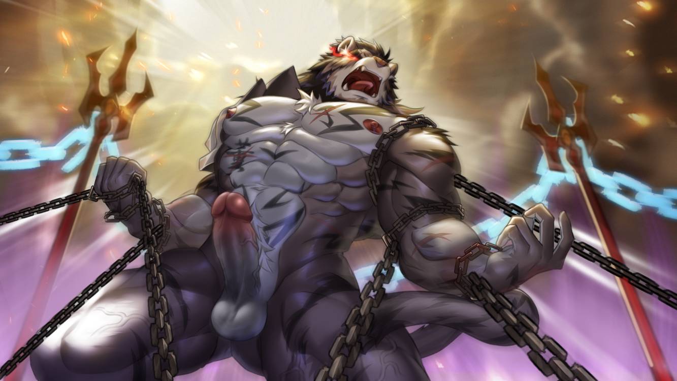 2024 5_fingers abs angry anthro balls belly_tattoo better_version_at_source bound chained chains erection eye_scar facial_scar fingers front_view fur humanoid_genitalia humanoid_penis littef low-angle_view male mammal melee_weapon muscular muscular_male nipples nude open_mouth pecs penis polearm pubes red_eyes scar solo spear struggling tattoo vein veiny_penis weapon