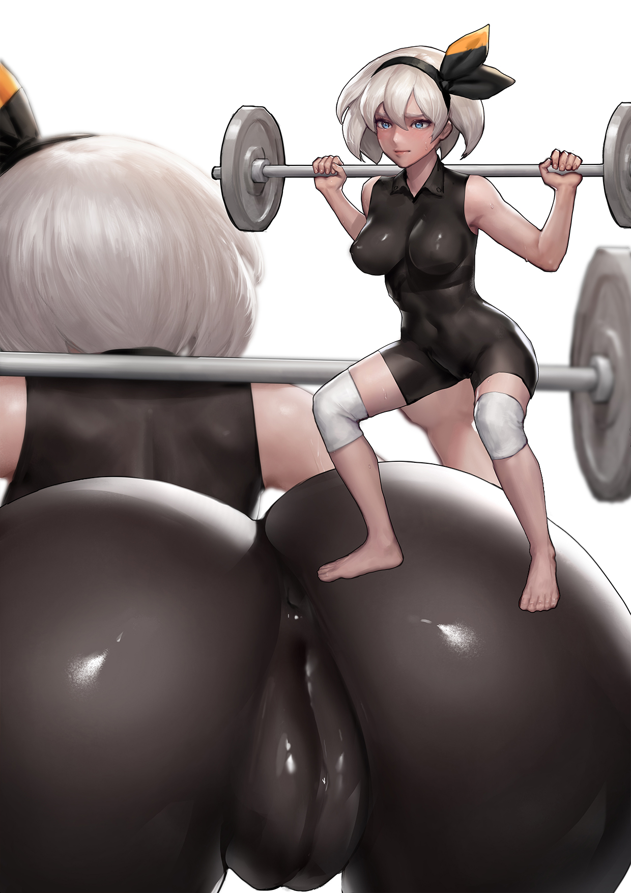1girls, abs, alternate breast size, ass, barefoot, bea (pokemon), belly, bent over, big breasts, blonde hair, blue eyes, bodysuit, breasts, cameltoe, close-up, clothed, dark skin, dark-skinned female, exercise, feet, female, female only, hairband, holding, human, innie pussy, kidmo, looking away, navel, nintendo, nipples, pokemon, pokemon ss, pussy, short hair, solo, squatting, standing, text, tight clothing, toes, weightlifting, weights, white background, wide hips, zoom layer