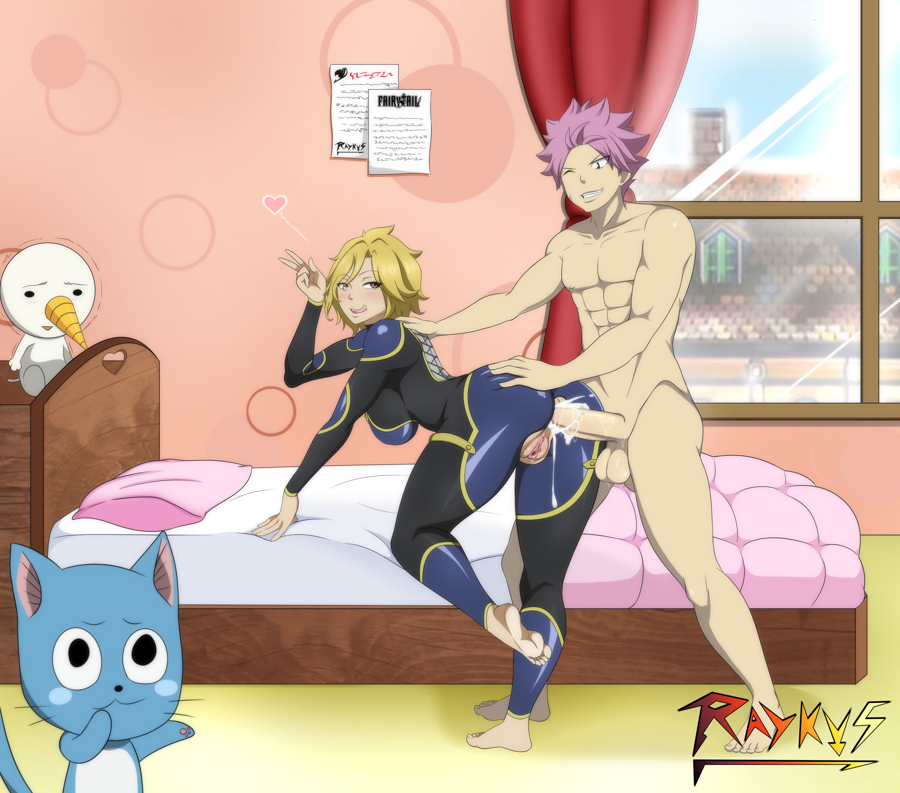 1girls, 2boys, abs, anal, anal sex, ass, bed, bedroom, blonde hair, blonde-haired female, breasts, cum, cum in ass, cyberunique, dimaria yesta, fairy tail, female, hand on ass, happy (fairy tail), indoors, large breasts, male, natsu dragneel, nude, penis, pink hair, pink-haired male, plue, pussy, raykus, sex, spandex, standing, tattoo, tongue, tongue out, uncensored