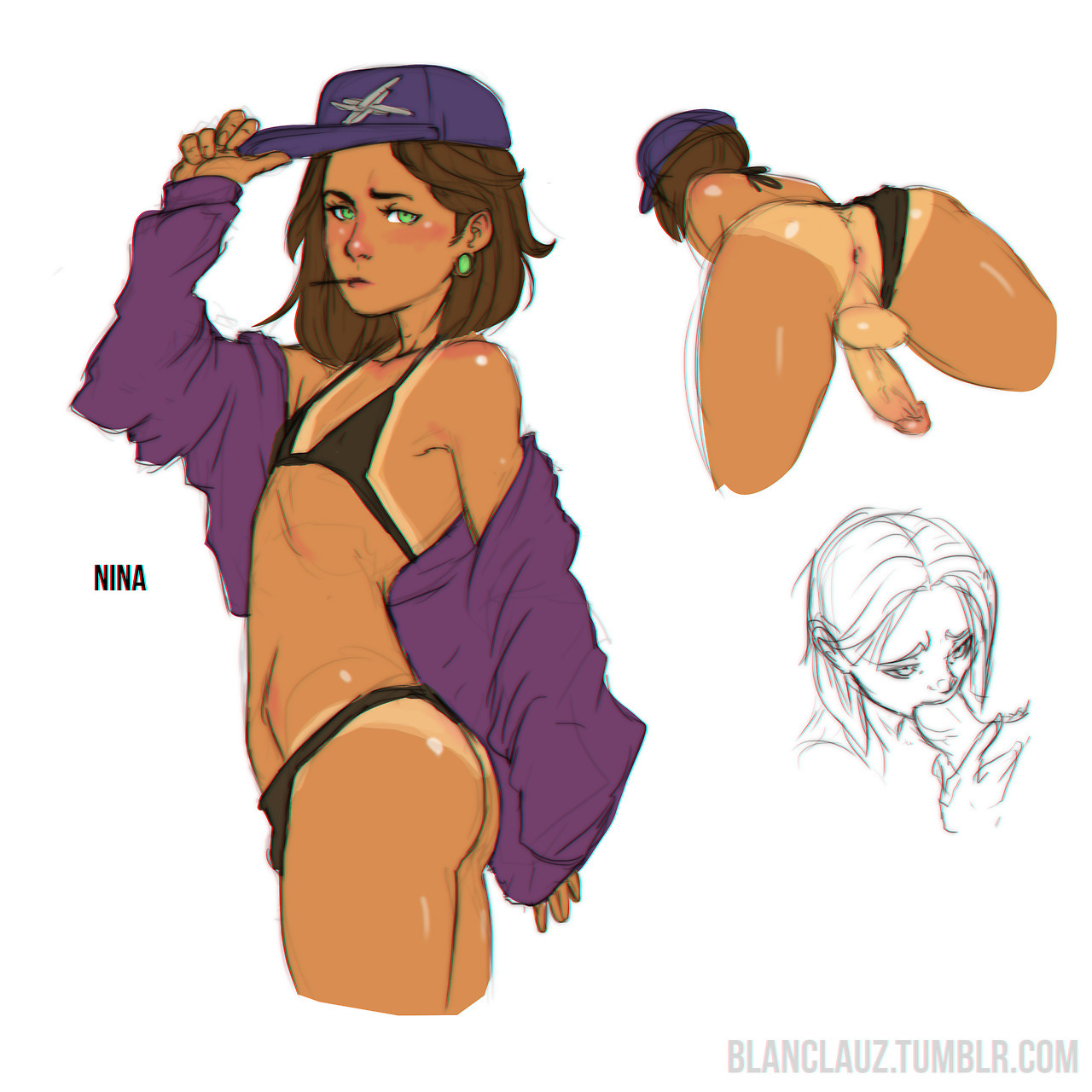 1boy, bikini, blanclauz, brown hair, bulge, cap, cock-tail, dark skin, fellatio, gay, green hair, light skin, light-skinned male, male, nina (blanclauz), original, panty bulge, penis, penis out, solo, solo male, tan, tan skin, tanlines, trans woman, transfem