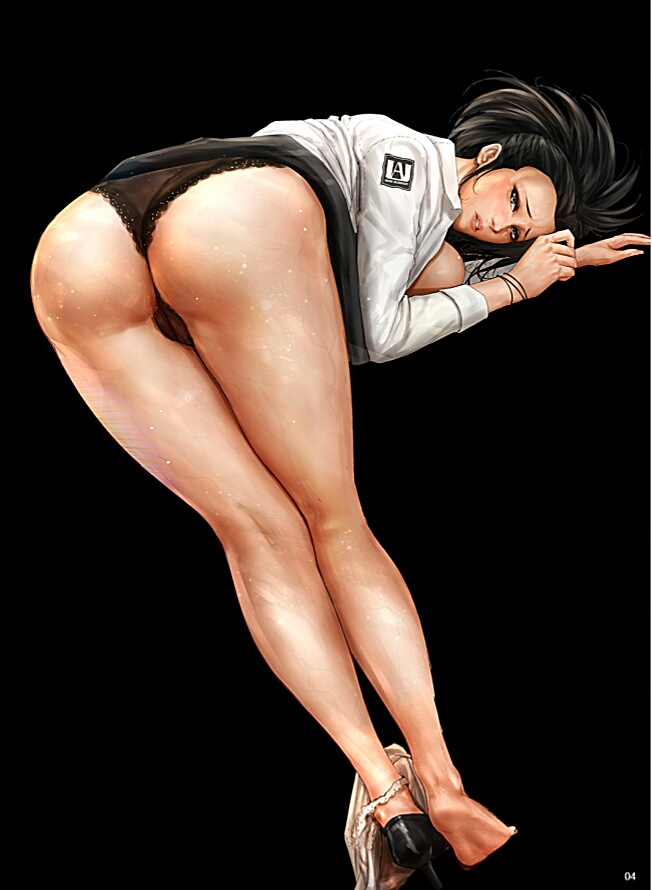 1girls, bending over, black background, black hair, black panties, black-haired female, female, female only, high heels, krabby (artist), momo yaoyorozu, my hero academia, open clothes, open mouth, solo