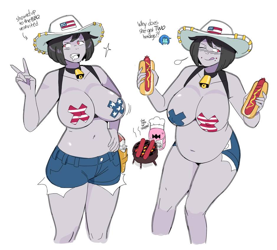 4th_of_july american_flag american_flag_hat bell_collar big_breasts chubby chubby_female cowboy_hat dr-worm grey_skin hot_dog lewdlemage nurs_(lewdlemage) red_eyes ripped_shorts taped_nipples tight_clothing tight_shorts topless vampire