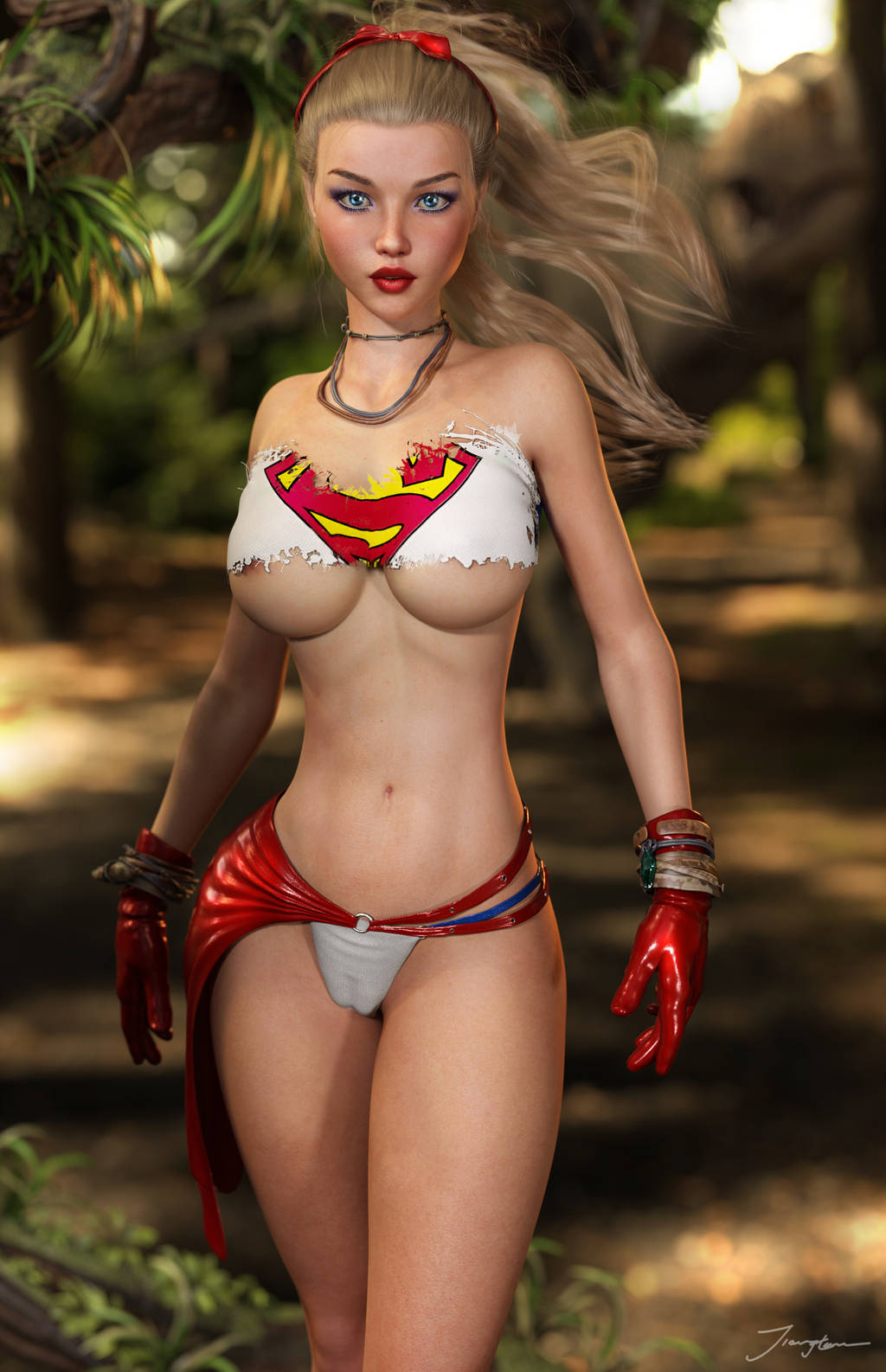 1girls 3d alternate_costume areolae argoan belly_button blonde_hair blue_eyes bracelet bracelets breasts cameltoe cleavage curvaceous curvy dc dc_comics dcau eyeshadow female female_only gloves hair_tie hairtie jungle kara_zor-el kryptonian large_breasts linda_danvers long_hair lost_clothes makeup mascara midriff navel necklace panties partially_visible_nipples pink_nipples pinup ponytail realistic red_gloves red_lips red_lipstick ripped_clothing shirt solo standing stomach supergirl superheroine superman_(series) thighs tiangtam topwear torn_clothes torn_clothing torn_shirt white_panties white_shirt white_topwear