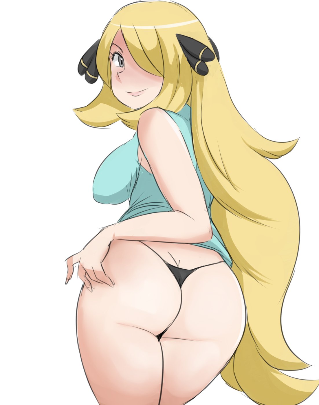 1girls, ass, bare legs, big ass, big breasts, black g-string, black panties, blonde hair, bottomless, breasts, champion, curvy, cynthia (pokemon), female, g-string, hair ornament, hair over one eye, human, long hair, looking at viewer, looking back, nintendo, no pants, panties, partially clothed, pokemon, pokemon dppt, reach025, shirt, solo, solo female, thick thighs, thong