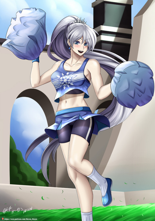 1girls, bike shorts, cheerleader, cheerleader uniform, female, hocen, pom poms, rwby, spats, tagme, weiss schnee