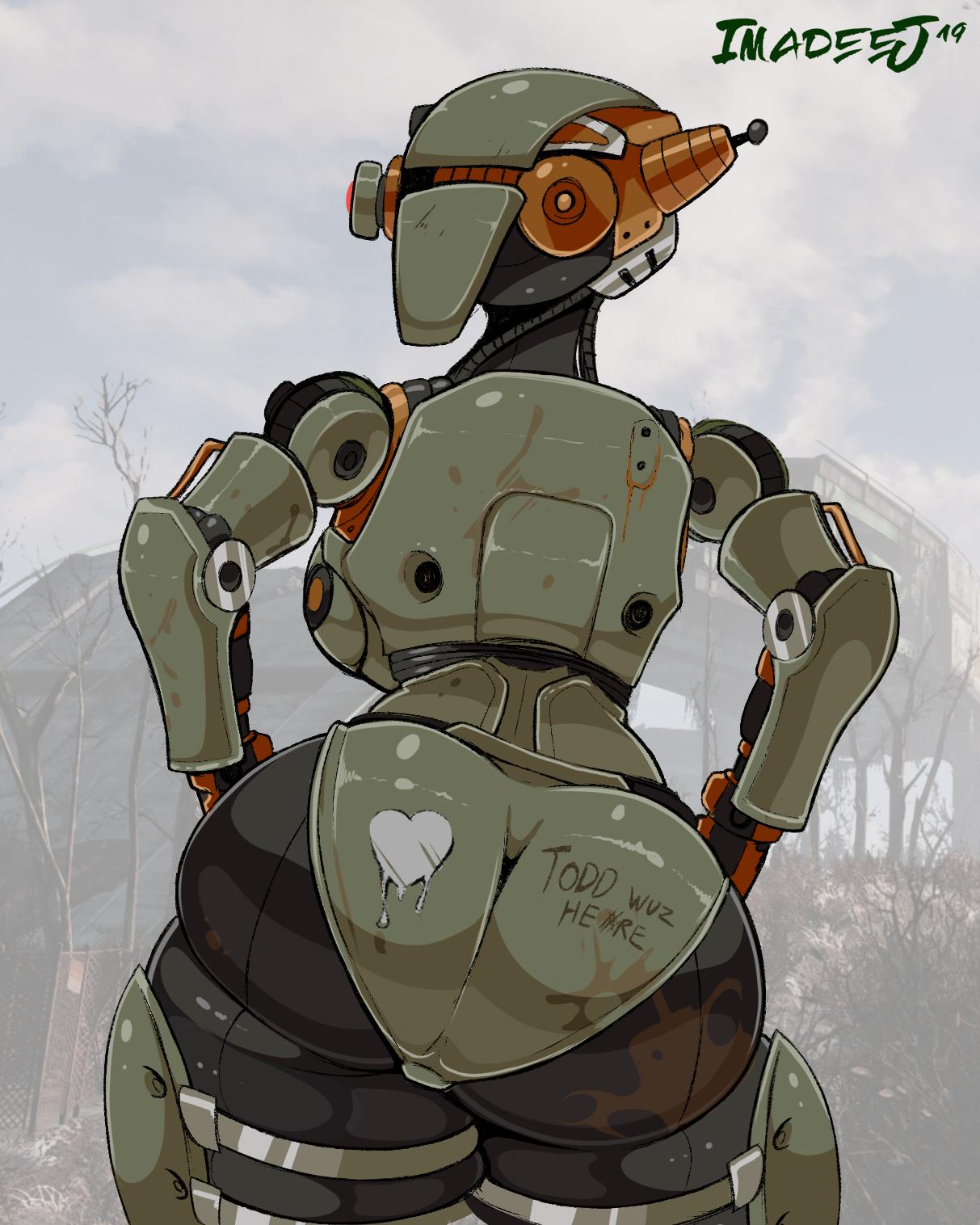 1girls 2019 ass assaultron back back_view backboob bethesda_softworks big_ass big_breasts body_writing breasts dat_ass fallout fallout_4 female hands_on_hips heart huge_ass humanoid imadeej name_drop one_eye outdoors pose robot robot_girl sideboob solo solo_female standing text thick_ass thick_thighs tight_clothing watermark wide_hips