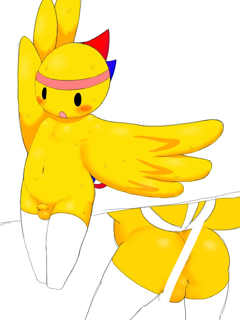 abunaiesennyou_san accessory animal_humanoid avian avian_humanoid balls blush bodily_fluids censored clothed clothing headband humanoid humanoid_penis male partially_clothed penis raised_arm simple_background solo standing sweat topless yellow_body young