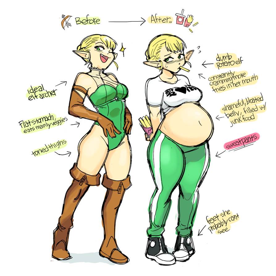 ashamed before_and_after bloated blonde_hair dr-worm elf elf-san_wa_yaserarenai elfuda female french_fries lewdlemage plus-sized_elf pointy_ears stuffed_belly sweatpants t-shirt thighs tunic