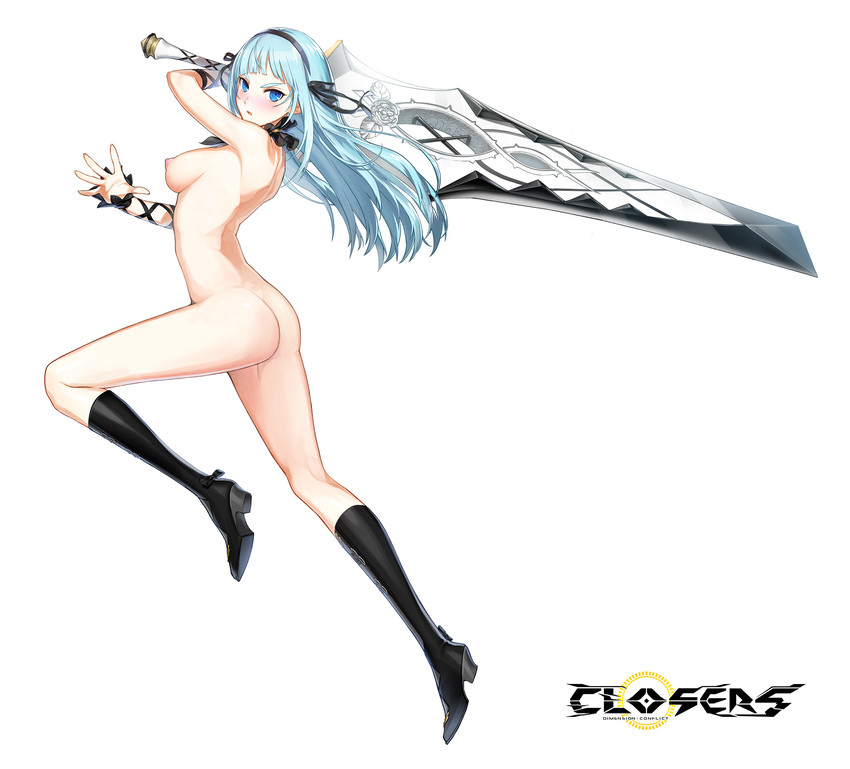 ass blue_hair boots breasts closers naked sword violet_(closers)