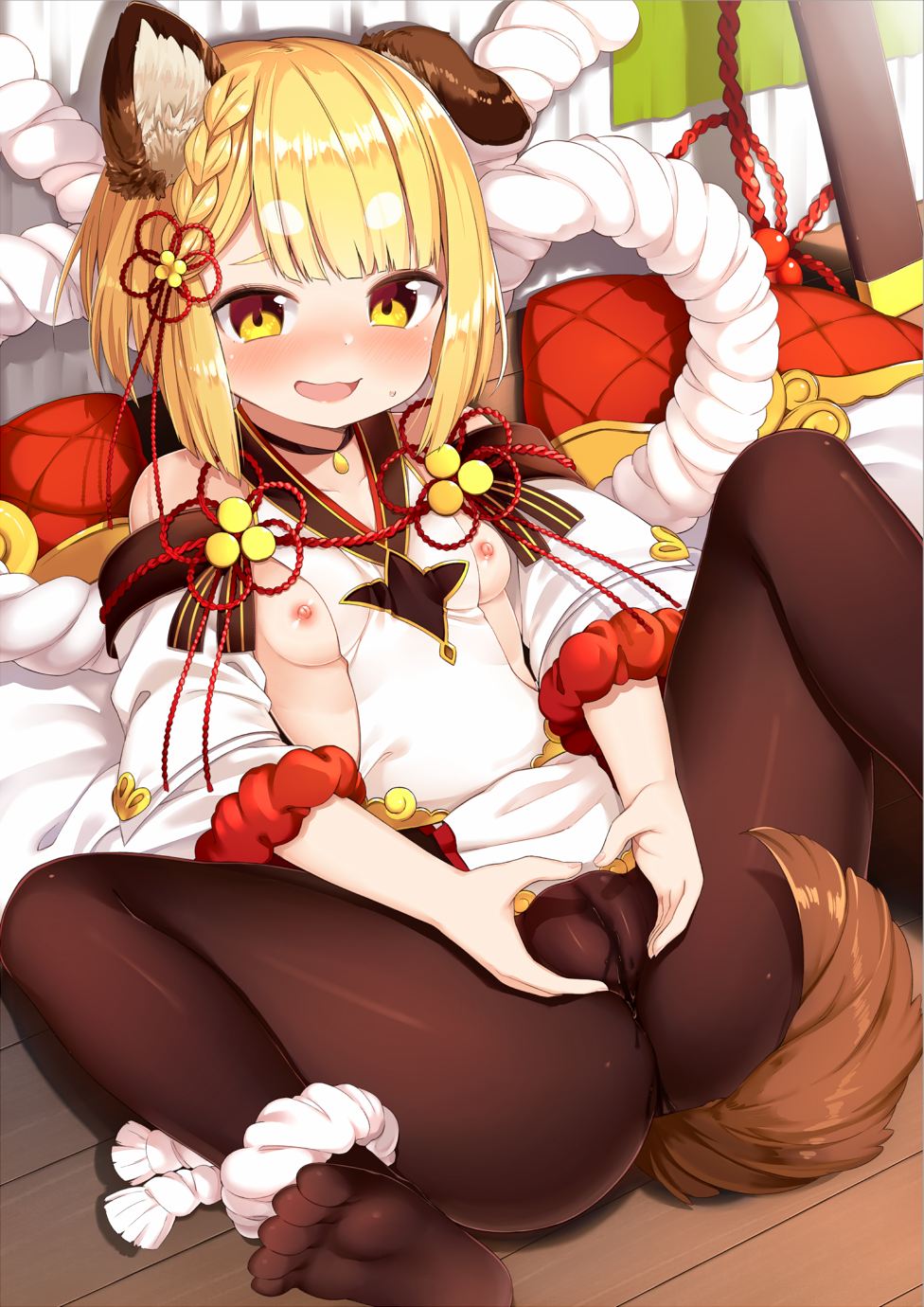 animal_ear_fluff animal_ears blush braid breasts brown_legwear commentary_request detached_sleeves dog_ears dog_girl dog_tail dress erune feet female granblue_fantasy hair_ornament heart heart_hands highres long_sleeves looking_at_viewer lying muku_(muku-coffee) nervous_smile nipples no_shoes on_back open_mouth pantyhose pussy_juice single_braid sleeveless sleeveless_dress small_breasts soles solo spread_legs tail vajra_(granblue_fantasy) white_dress wide_sleeves wooden_floor