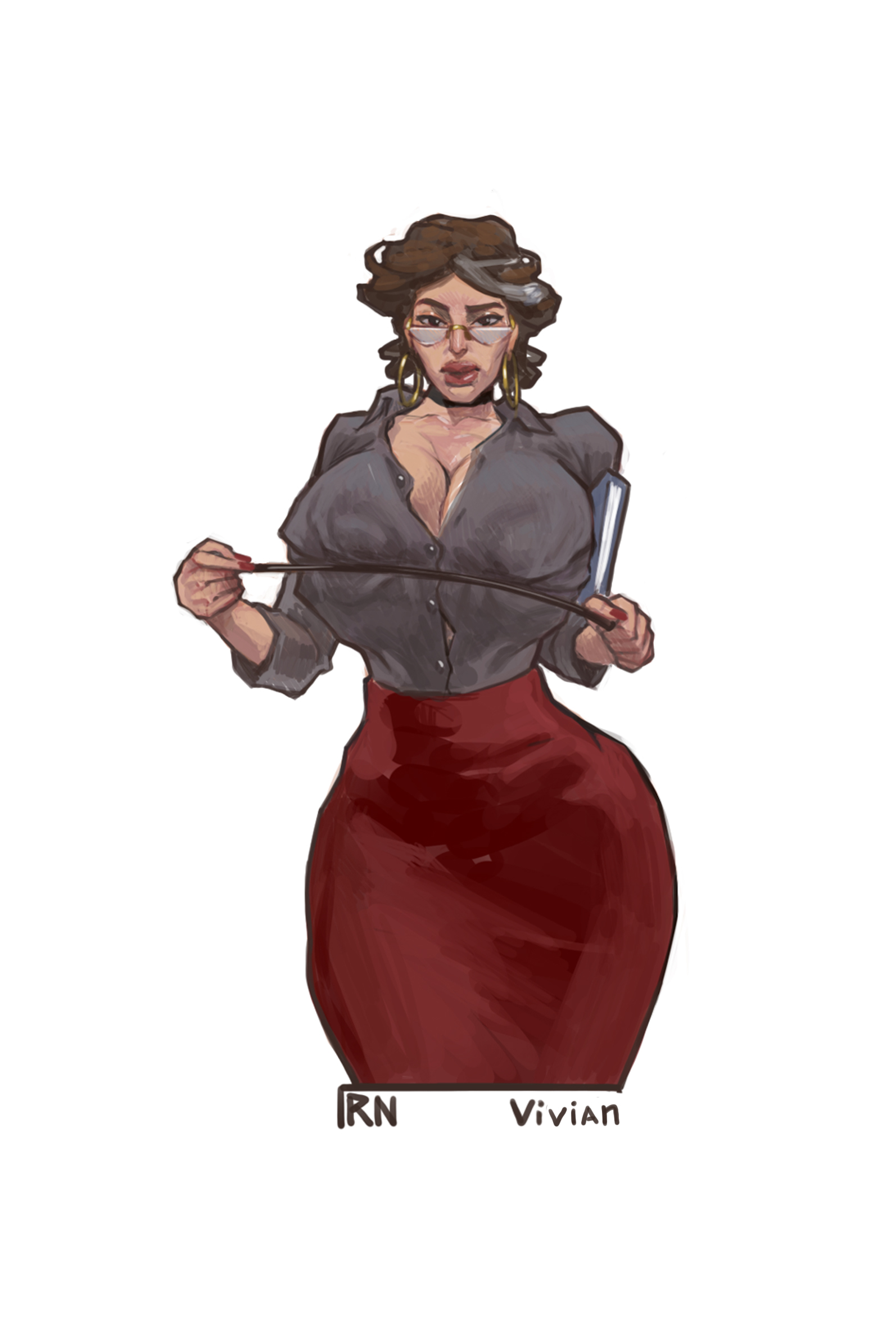 ass, big hips, bimbo, breasts, brown hair, button down shirt, button gap, choker, cleavage, female, glasses, grey hair, hoop earrings, hourglass figure, huge ass, huge breasts, iranon, mature female, milf, multicolored hair, muscular, muscular female, nail polish, naughty face, older female, original character, pointer, red skirt, seductive, skirt, teacher, thick lips, thick thighs, vivian (iranon), voluptuous, wide hips