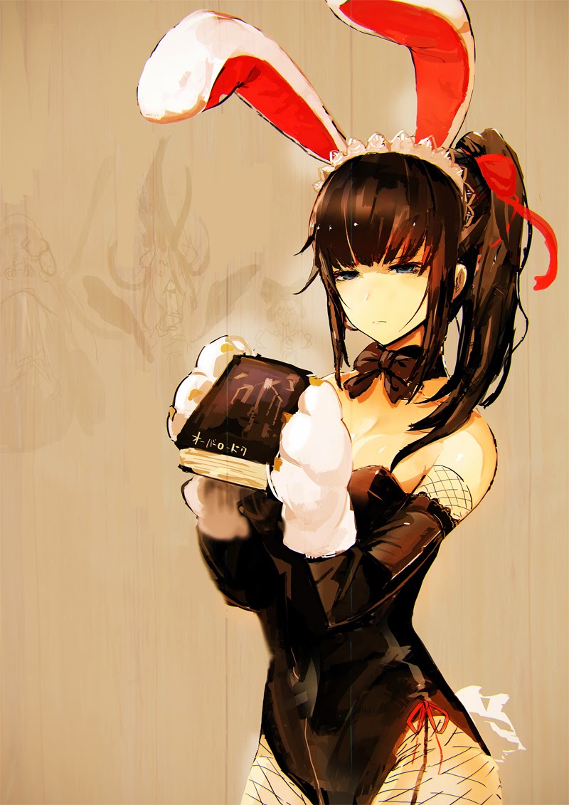 1girls angry artist_request black_corset black_hair blue_eyes book bunny_ears bunny_girl bunny_suit bunny_tail corset fake_paws female female_only fishnet fishnet_gloves fishnet_sleeves fishnet_stockings grumpy hairband holding_book narberal_gamma official_art overlord_(maruyama) paws pinup ponytail pout red_hairband so-bin solo stockings