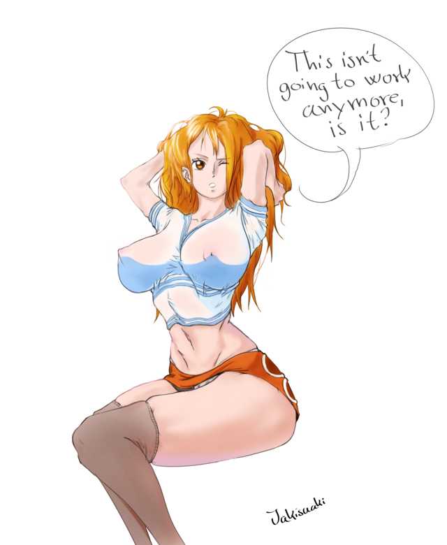 big breasts, breasts, english text, female, female only, jakisuaki, kneehighs, midriff, miniskirt, nami (one piece), nipple bulge, nipples, one piece, pantyshot, text