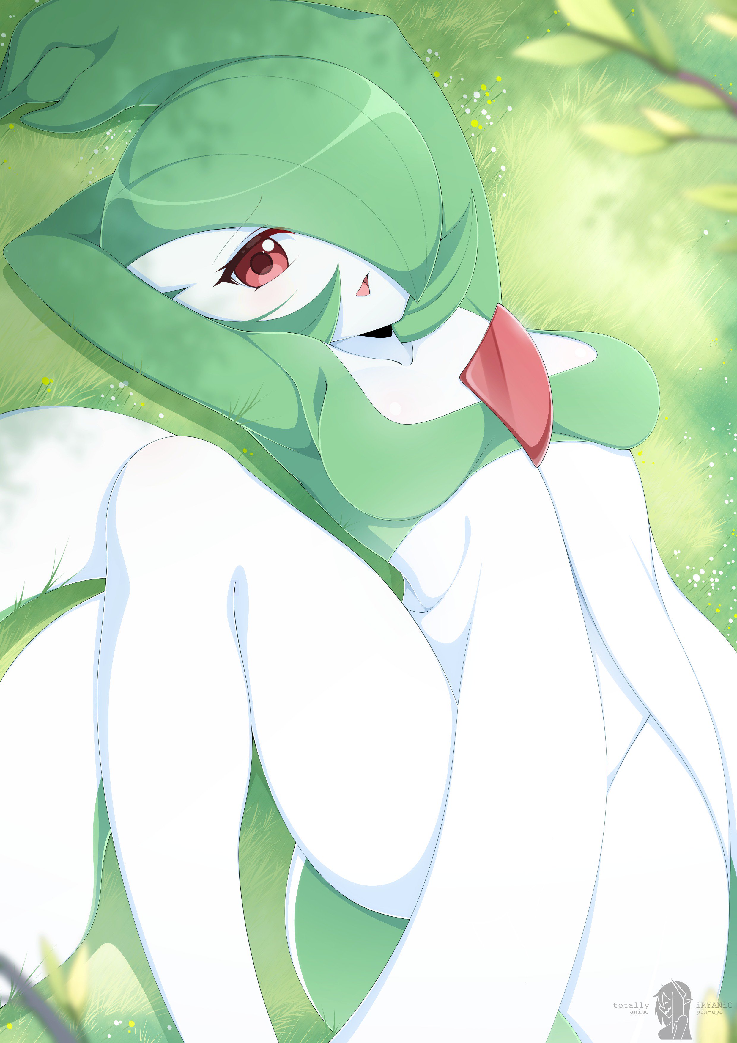 1girls, 3 fingers, anthro, anthrofied, armpits, ass, big ass, blush, bottomless, breasts, cute, dress, eye contact, female, female gardevoir, female only, gardevoir, grass, green skin, hair over one eye, iryanic, long legs, looking at viewer, looking up, nintendo, no nipples, on back, open mouth, outdoors, pokemon, pokemon (species), pokemon rse, red eyes, short hair, solo, spread legs, text, thick thighs, tongue, watermark, white skin, wide hips