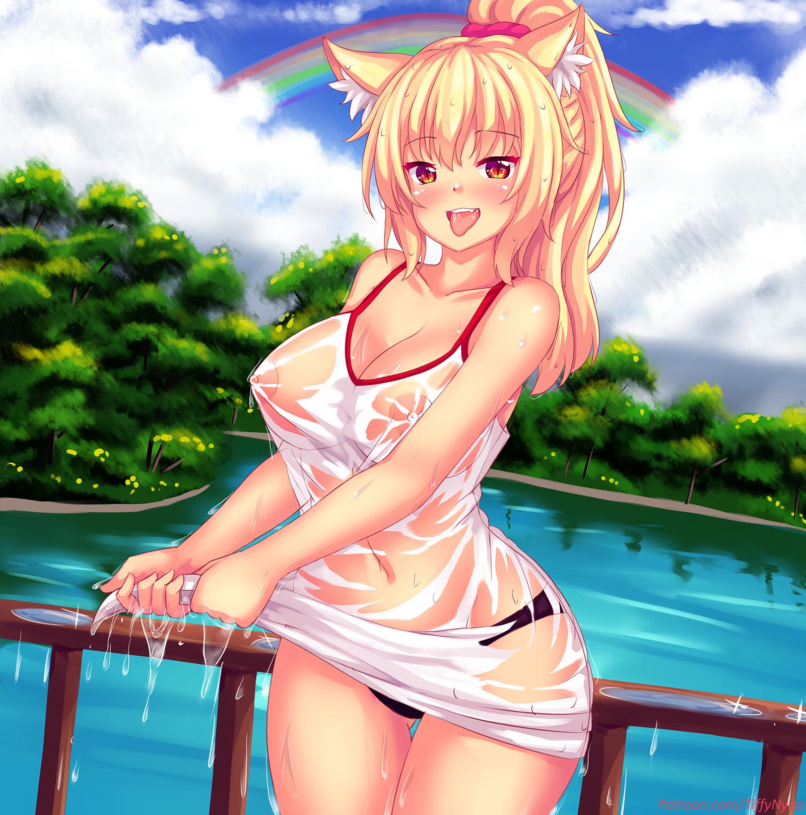 :p, bare shoulders, blush, breasts, cat ears, female, medium breasts, orange eyes, panties, rainbow, thighs, tiffy, tiffynyaa, wet shirt, yellow hair