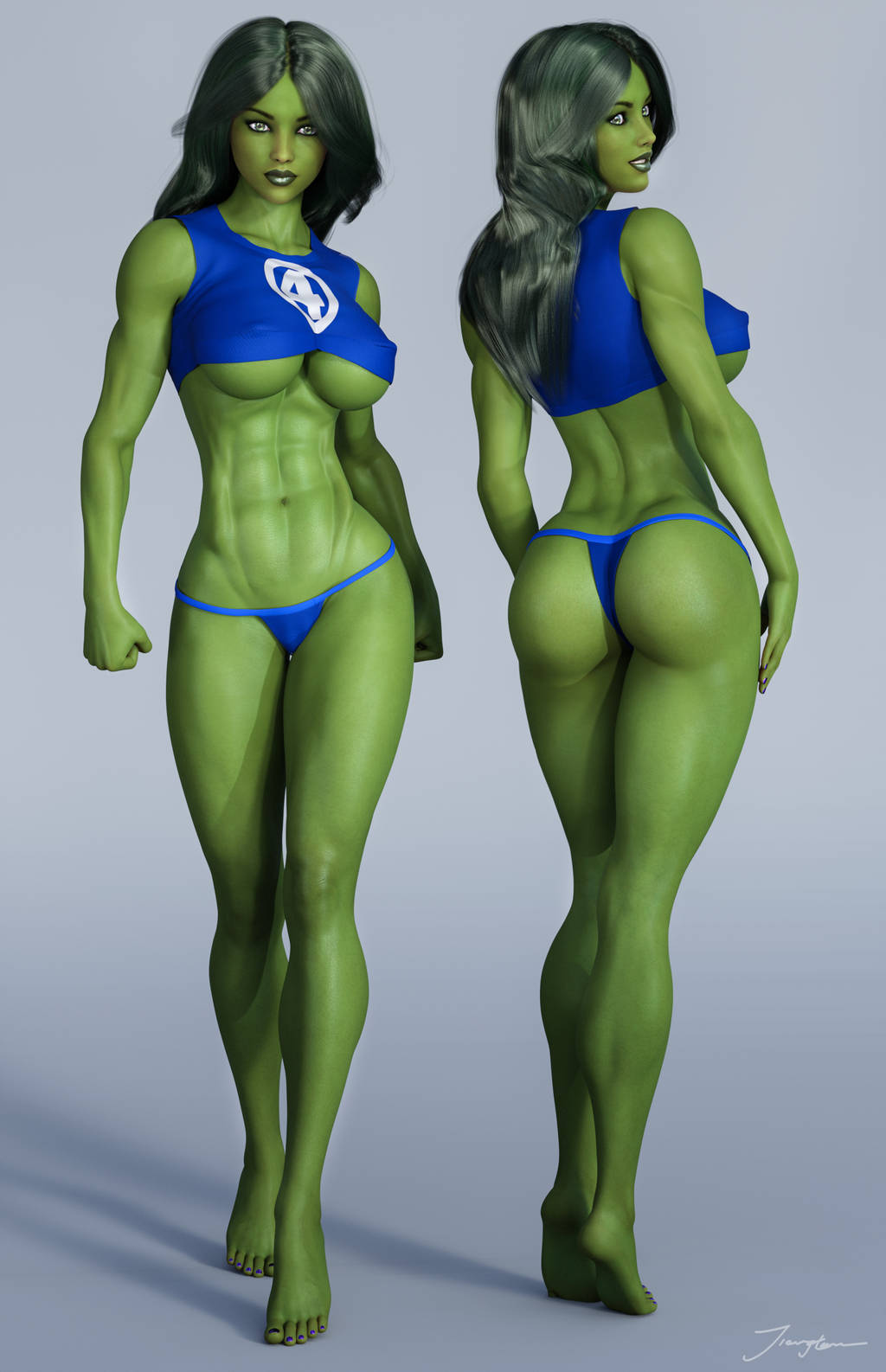 1girls 3d 3d_(artwork) abs alternate_costume ass back_view belly_button big_ass big_breasts blue_shirt blue_thong blue_topwear crop_top curvaceous curvy dat_ass eyeshadow fantastic_four female female_only from_behind front_view green_eyes green_hair green_lips green_lipstick green_skin hulk_(series) large_breasts lipstick long_hair looking_back makeup marvel marvel_comics mascara midriff nail_polish navel no_bra panties pinup purple_nail_polish purple_nails purple_toenails rear_view she-hulk shirt signature smile smiling solo stomach superheroine thick_ass thick_thighs thighs thong tiangtam tiptoes toenail_polish toned toned_female topwear underboob voluptuous voluptuous_female