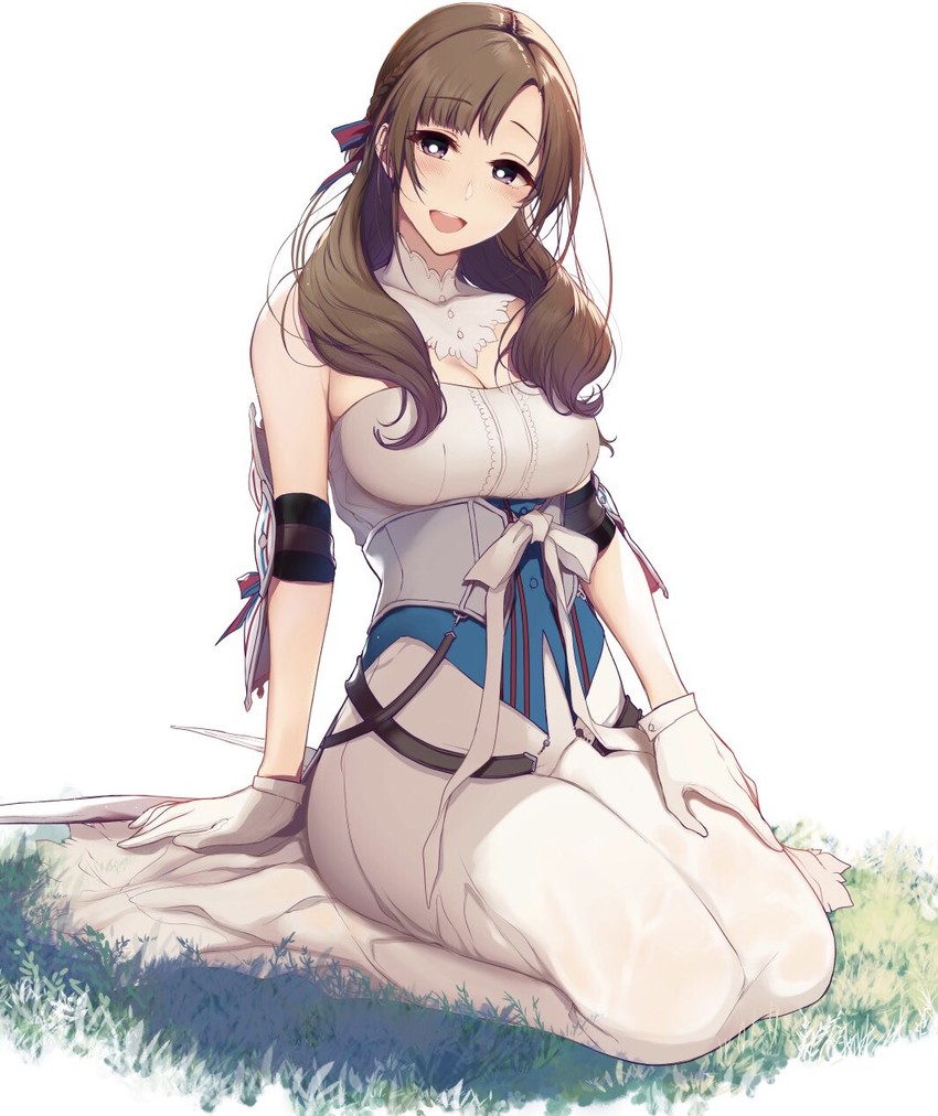 1girls brown_hair cleavage do_you_love_your_mom_and_her_two-hit_multi-target_attacks? elbow_pads eyebrows_visible_through_hair female female_only full_body hair_ribbon hand_on_lap large_breasts long_hair long_skirt looking_at_viewer milf mother oosuki_mamako open_mouth pochi_(pochi-goya) ribbon seiza smile solo tsuujou_kougeki_ga_zentai_kougeki_de_ni-kai_kougeki_no_okaasan_wa_suki_desu_ka? white_background white_gloves