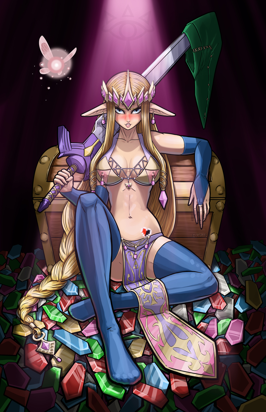 1girls, areolae, arm sleeves, athletic, barbarian, barefoot, big breasts, bikini armor, blonde hair, blue eyes, blush, blushing, braid, braided hair, breasts, busty, collarbone, conan the barbarian (series), crossover, crown, cupless bra, earrings, elbow gloves, eyelashes, eyeliner, fairy, female, female focus, female only, fit, fit female, goddess, hourglass figure, hylian, hyrule warriors, jewel, jewelry, large breasts, loincloth, long hair, marvel, marvel comics, mascara, master sword, navi, nintendo, nipple piercing, nipples, pelvic curtain, pierced nipples, piercing, pointy ears, pose, posing, princess, princess zelda, pubic tattoo, royalty, rupee, saliva, sitting, solo, sword, tattoo, teamzoth, the legend of zelda, thighhighs, tied hair, tongue, tongue out, treasure, treasure chest, warrior, wide hips, zelda (hyrule warriors)