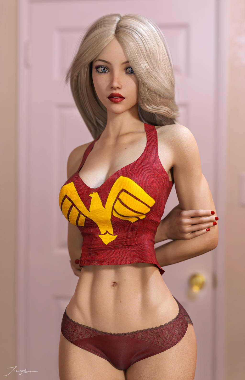 3d arms_behind_back arms_crossed arms_folded belly_button big_breasts big_breasts blonde_hair blonde_hair blue_eyes breasts busty cassandra_sandsmark cassie_sandsmark crossed_arms curvaceous curvy dc dc_comics door eyeshadow folded_arms large_breasts lipstick long_hair makeup mascara midriff navel nipple_bulge nipples panties red_lips red_lipstick red_nail_polish red_nails red_panties red_shirt red_topwear shirt standing stomach teen_titans thighs tiangtam topwear voluptuous wonder_girl wonder_girl_(cassie_sandsmark) wonder_woman_(series) young_justice