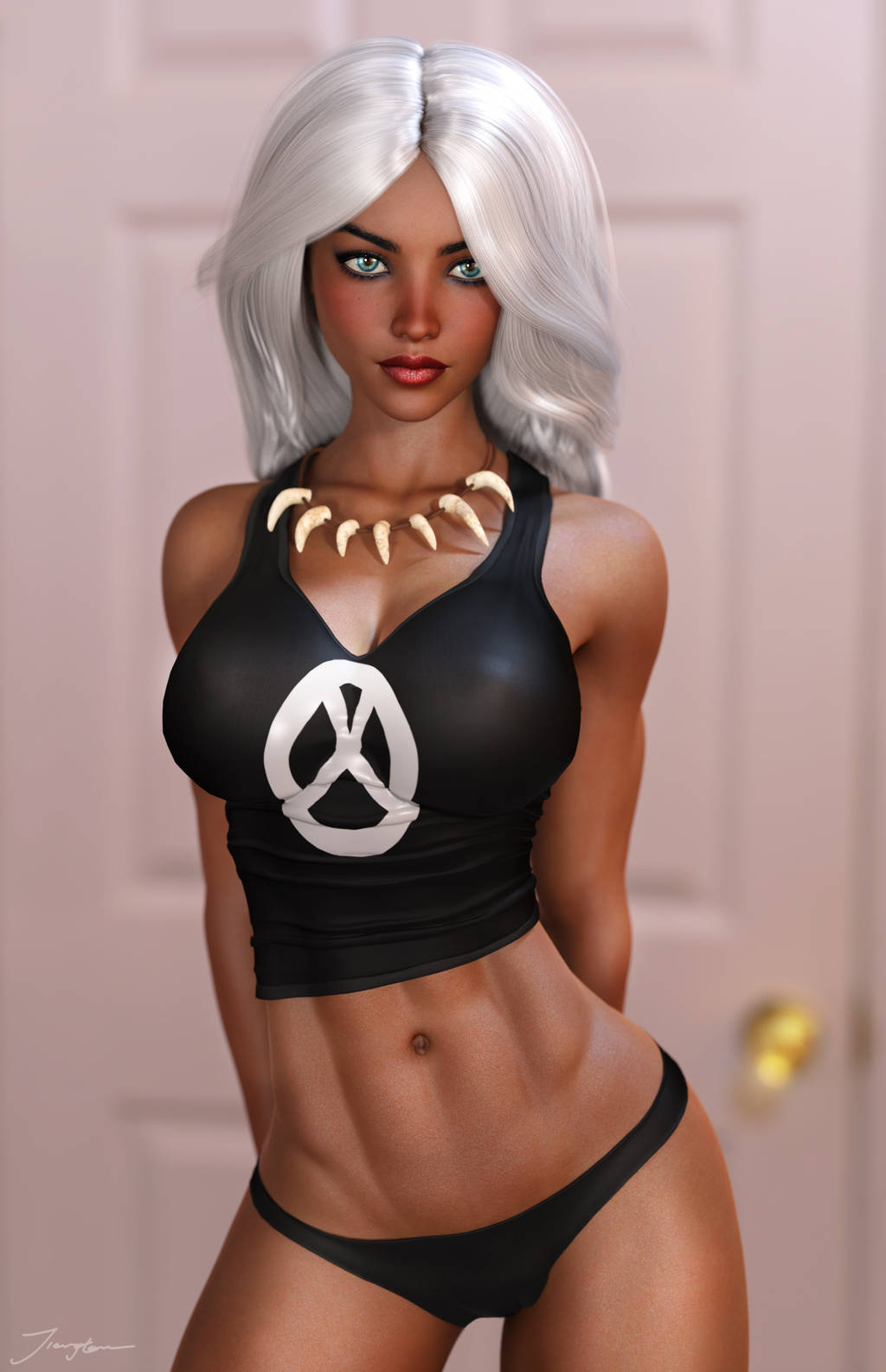 1girls 3d abs arms_behind_back belly_button big_breasts black_panties black_shirt black_topwear blue_eyes bone_necklace breasts busty curvaceous curvy dark-skinned_female dark_skin door erect_nipples erect_nipples_under_clothes eyeshadow female female_only homo_superior large_breasts lipstick long_hair makeup marvel marvel_comics mascara midriff mutant navel necklace nipple_bulge nipples ororo_munroe panties pinup red_lips red_lipstick shirt solo standing stomach storm_(x-men) superheroine thighs tiangtam topwear voluptuous white_hair x-men