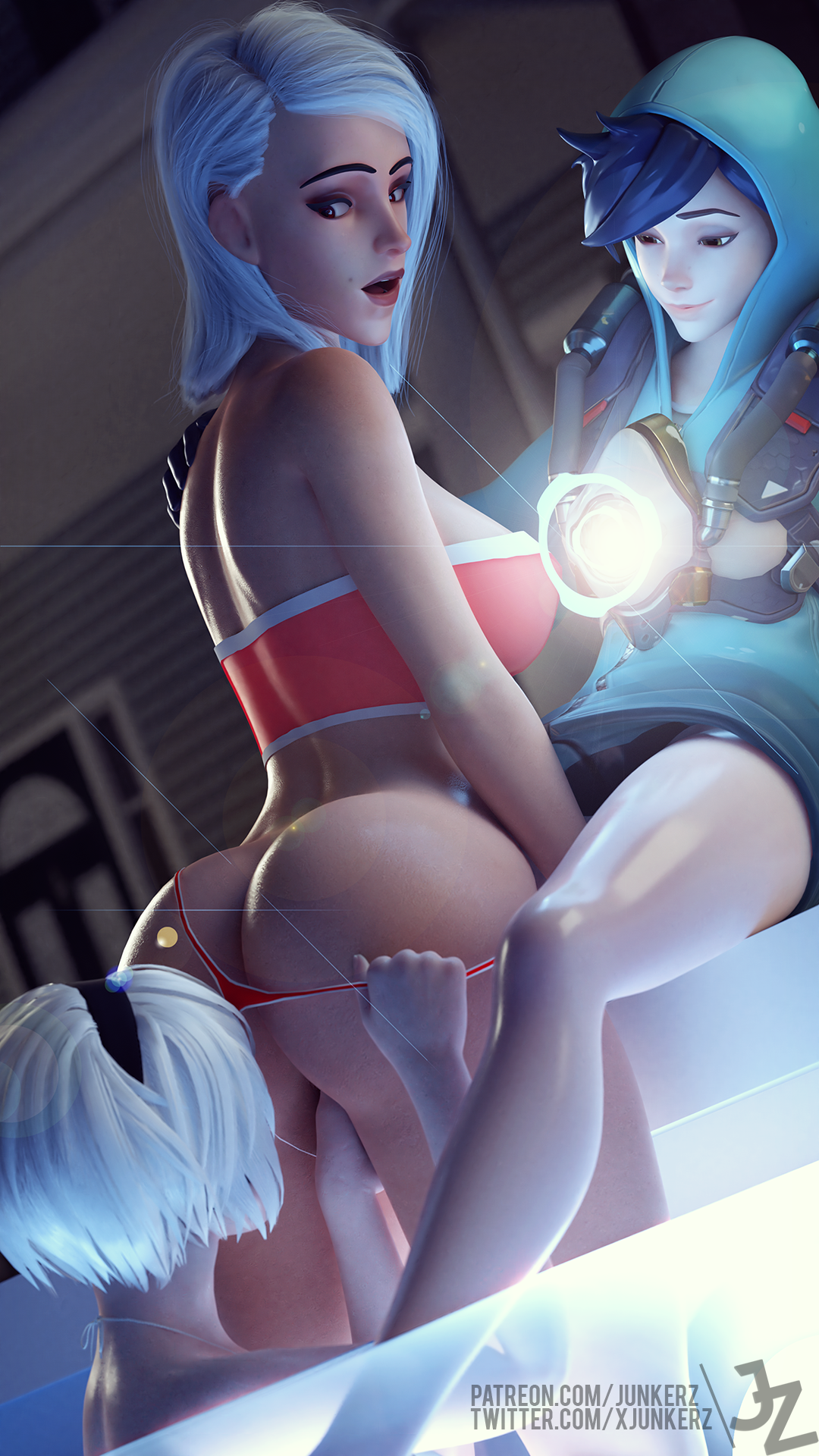 3d, 3girls, alternate costume, ashe (overwatch), ass, blender, breasts, chronal accelerator, crossover, female, female only, graffiti tracer, hair ribbon, harness, human, junkerz, nier, nier: automata, overwatch, panty pull, patreon username, strapless bikini, tracer, twitter username, white hair, yorha 2b, yuri
