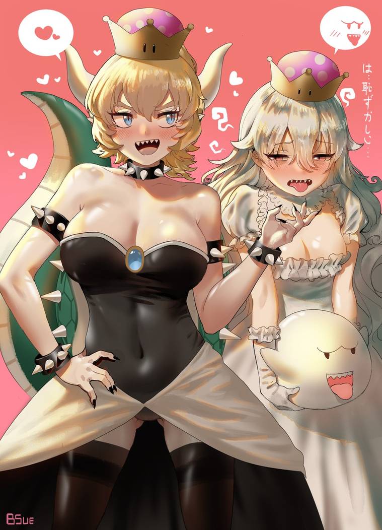 <3, 2girls, big breasts, blonde hair, blue eyes, blush, boo (mario), boosette, bowsette, bracelet, breasts, bsue, collar, crown, cute, duo, female, female only, femdom, femsub, fully clothed, genderswap, gloves, half-closed eyes, heart, horn, horns, looking at another, mario (series), monster girl, new super mario bros. u deluxe, nintendo, open mouth, rule 63, sharp teeth, skin tight, smile, spiked collar, super mario bros., tail, tongue, tongue out, white hair, yuri