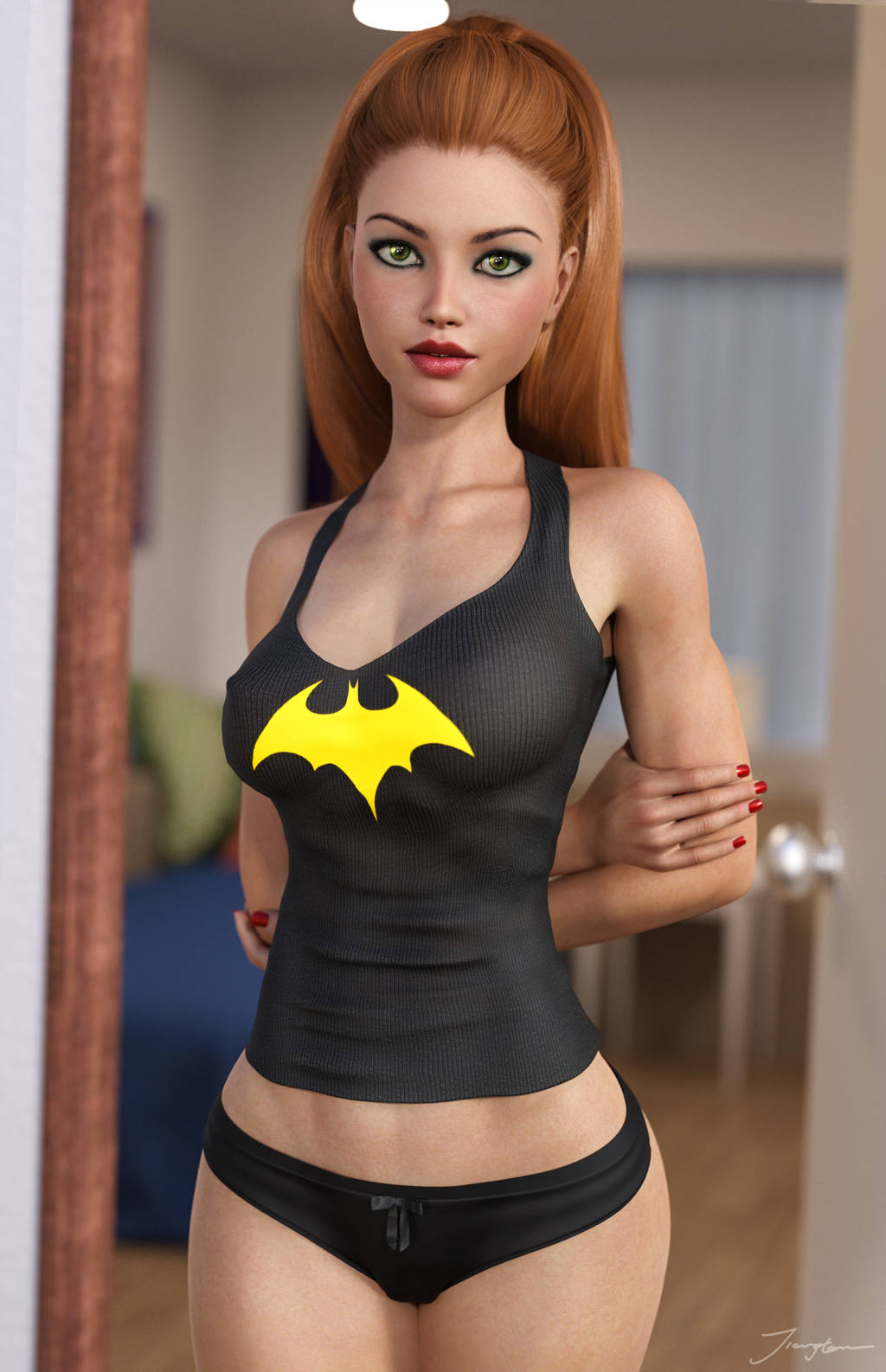 1girls, 3d, arms behind back, arms crossed, barbara gordon, batgirl logo, batman (series), bed, bedroom, big breasts, birds of prey, black panties, black shirt, black topwear, breasts, busty, crossed arms, curvaceous, curvy, dc, dc comics, door, erect nipples, eyeshadow, female, female only, ginger, green eyes, human, large breasts, lipstick, long hair, makeup, mascara, midriff, nail polish, nipple bulge, nipples, panties, pillow, pillows, pinup, red hair, red lips, red lipstick, red nail polish, red nails, sheets, shirt, signature, solo, standing, superheroine, tiangtam, topwear, voluptuous