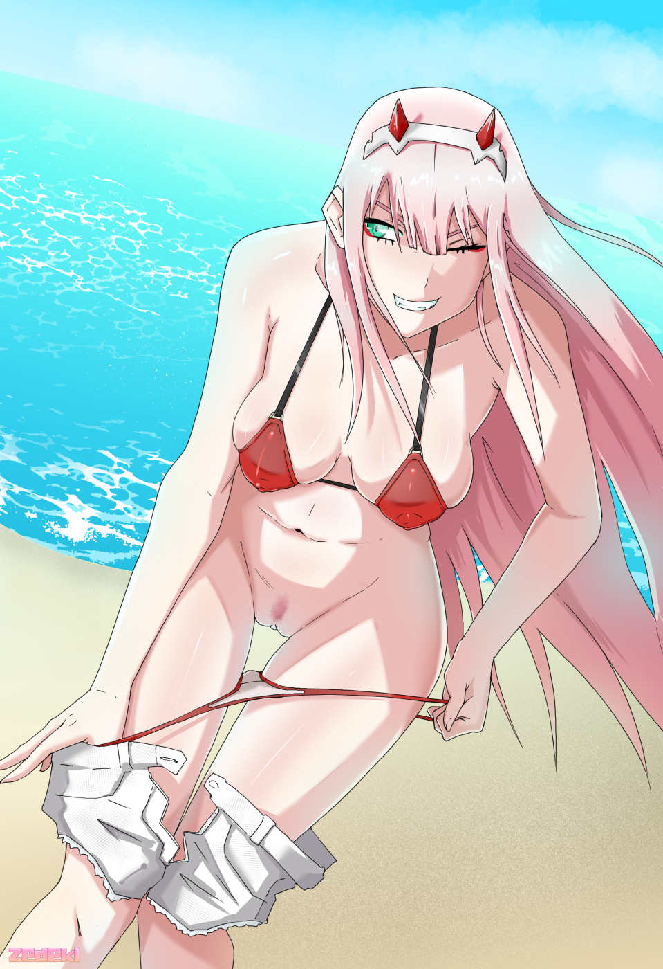 1girls big_breasts bikini breasts clothing darling_in_the_franxx exposed_pussy female female_only hair horns one_eye_closed pink_hair pussy solo undressing zedeki zero_two_(darling_in_the_franxx)