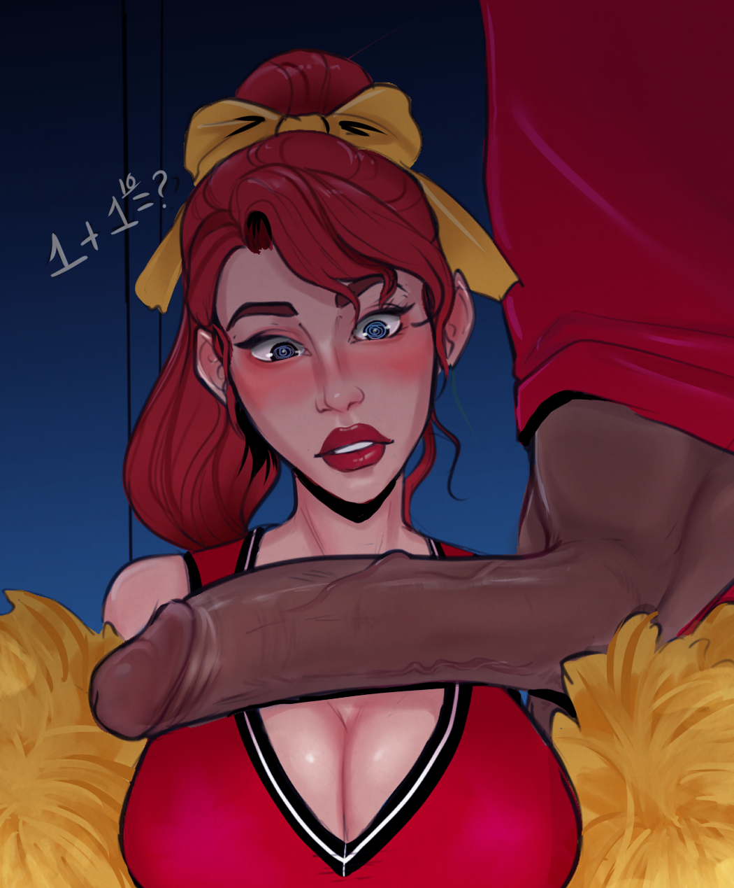 1boy, 1girls, big breasts, big penis, blue eyes, breasts, cheerleader, cleavage, dark skin, dark-skinned male, erection, ezhaillia, female, interracial, large breasts, male, penis, penis awe, red hair