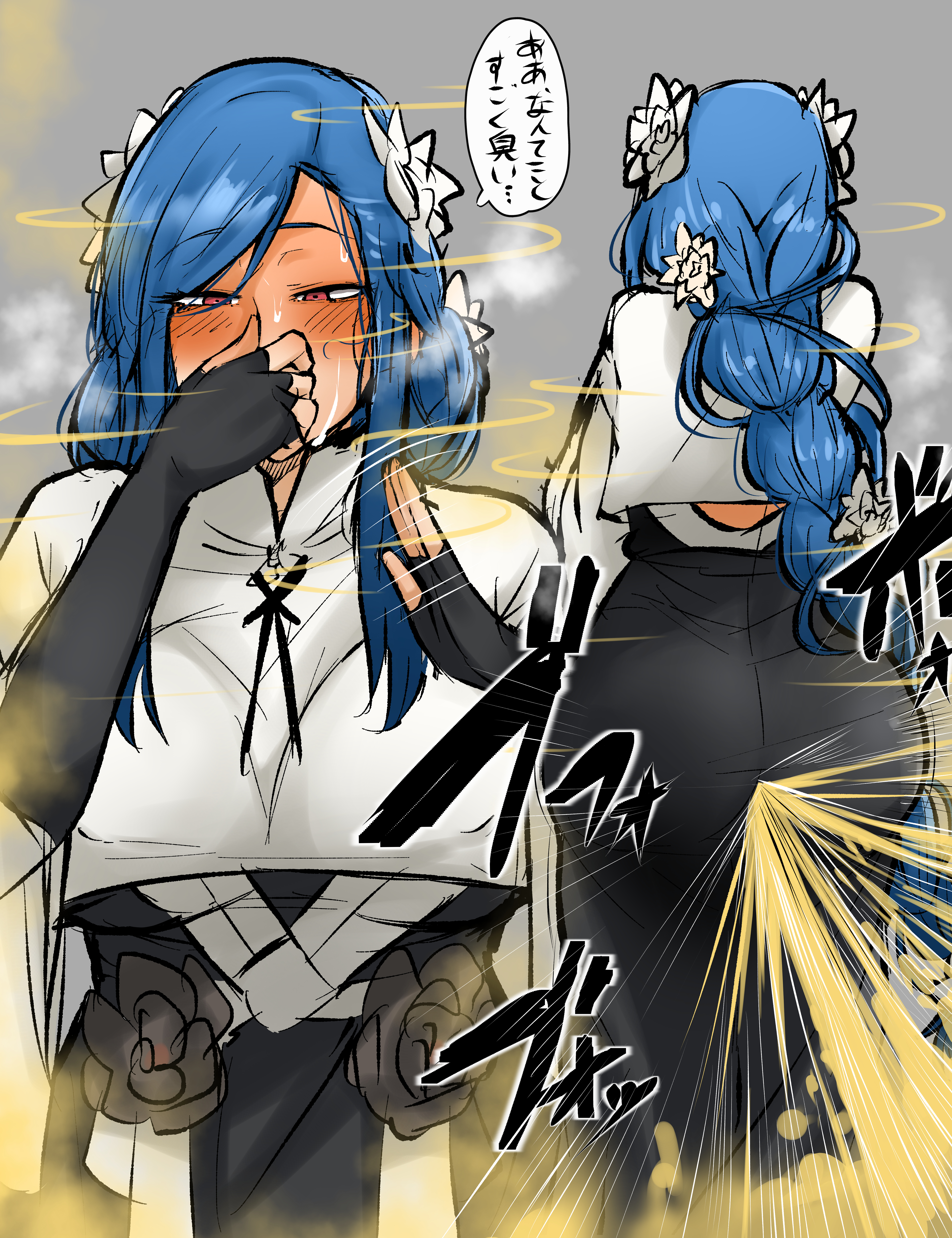 ass, big fart, blue hair, blush, dizzy (guilty gear), fanning self, fart, farting, female, gassy female, guilty gear, guilty gear strive, holding nose, long hair, ponytail, queen dizzy, red eyes, smell, stink fumes, stinky, stinky fart, sweatdrop, translation request