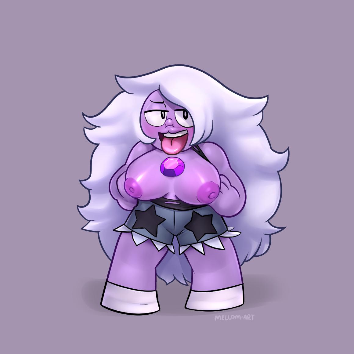 :3, 1girls, amethyst (steven universe), areolae, breasts, breasts out, cartoon network, clothed, clothing, female, female focus, female only, flashing, gem, gem (species), looking at viewer, mellom-art, nipples, open mouth, pants, purple skin, shortstack, simple background, steven universe, tank top, tank top pull, teeth, tongue, tongue out, white hair