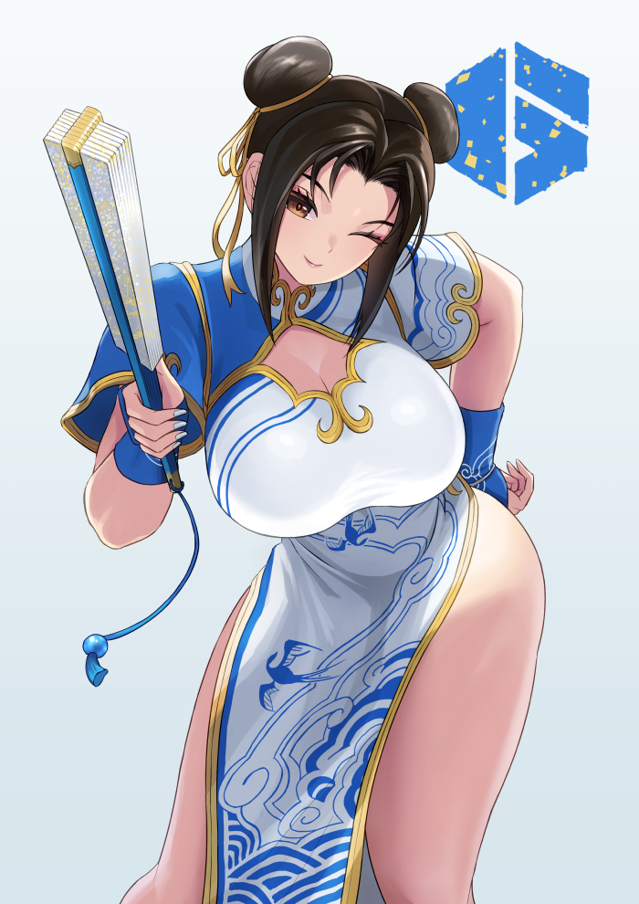 bare legs, blue dress, blue nails, breasts, brown hair, china dress, chinese clothes, chun-li (cosplay), cleavage, cosplay, double bun, dress, ema (emaura), eyeshadow, fatal fury, female, hair bun, hand fan, holding, holding fan, large breasts, logo, looking at viewer, mai shiranui, makeup, one eye closed, pelvic curtain, smile, solo, street fighter, street fighter 6, the king of fighters, thighs