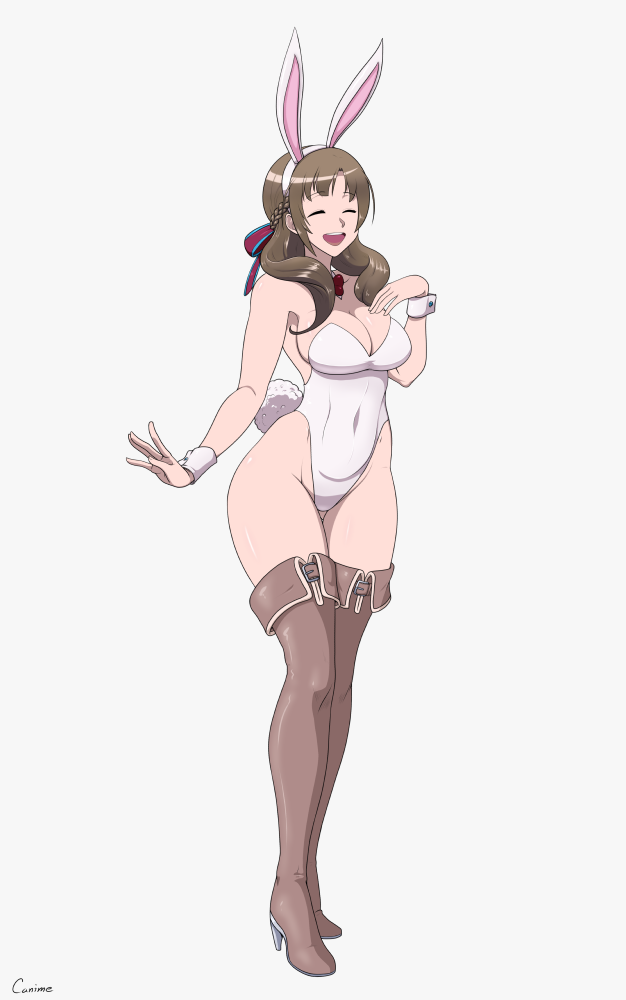 breasts brown_hair bunny_ears bunnysuit canime cleavage female_only large_breasts long_hair milf oosuki_mamako smile solo tsuujou_kougeki_ga_zentai_kougeki_de_ni-kai_kougeki_no_okaasan_wa_suki_desu_ka?