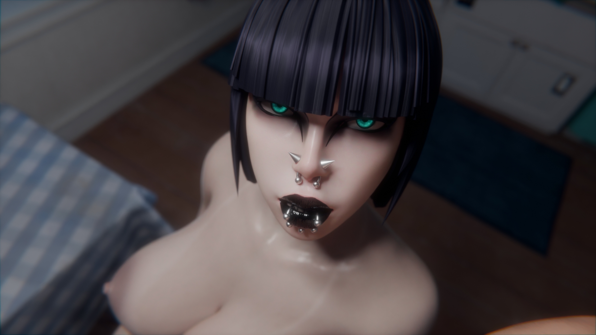 1girls, 2025, 3d, areolae, bangs, black lipstick, black makeup, completely nude, dark blue hair, detailed background, eyeliner, female, female only, goth, goth girl, heavy makeup, indoors, lip piercing, lipstick, looking at viewer, madeline zoldak, makeup, nipples, nose piercing, nude, nude female, original, original character, piercing, piercings, preview, shiny skin, slightly chubby, slightly chubby female, solo, tanlines, teaser, turquoise eyes, vekkte, winged eyeliner