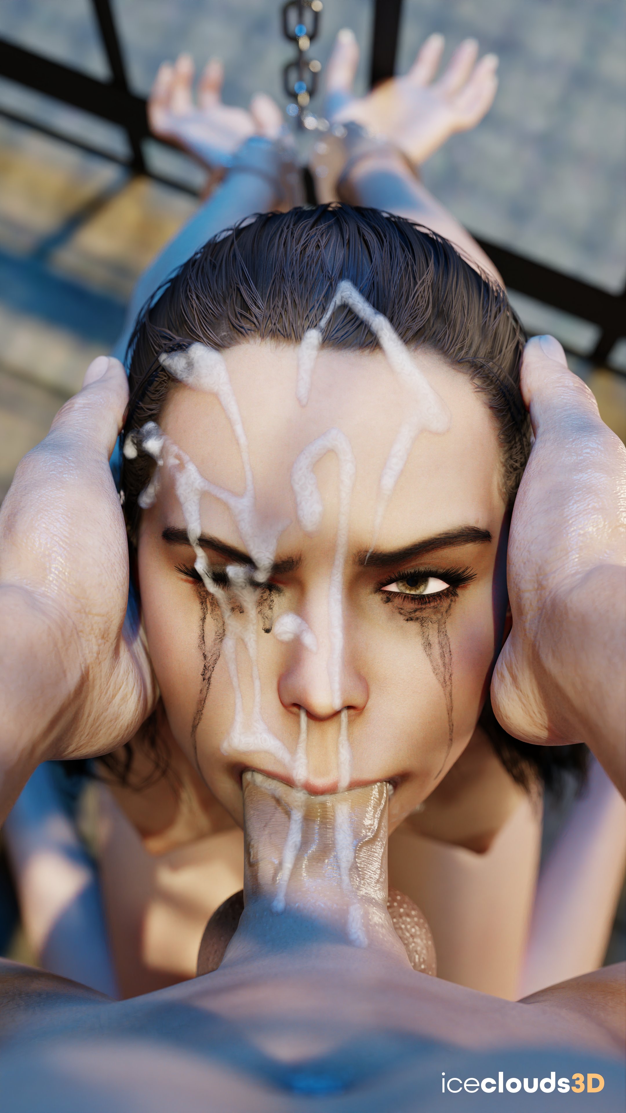 1boy, 1girls, 3d, balls, blowjob, bondage, breasts, brown hair, cum, cum on face, daisy ridley, deepthroat, deserved, erection, facial, female, femsub, first person view, holding head, human, humanoid, iceclouds3d, jedi, kneeling, light skin, light-skinned female, male, male pov, maledom, nipples, nude, nude female, nude male, on knees, one eye closed, owned, owned bitch, penis, pov, rey, running mascara, runny makeup, shackles, small breasts, star wars, straight, veiny penis, you