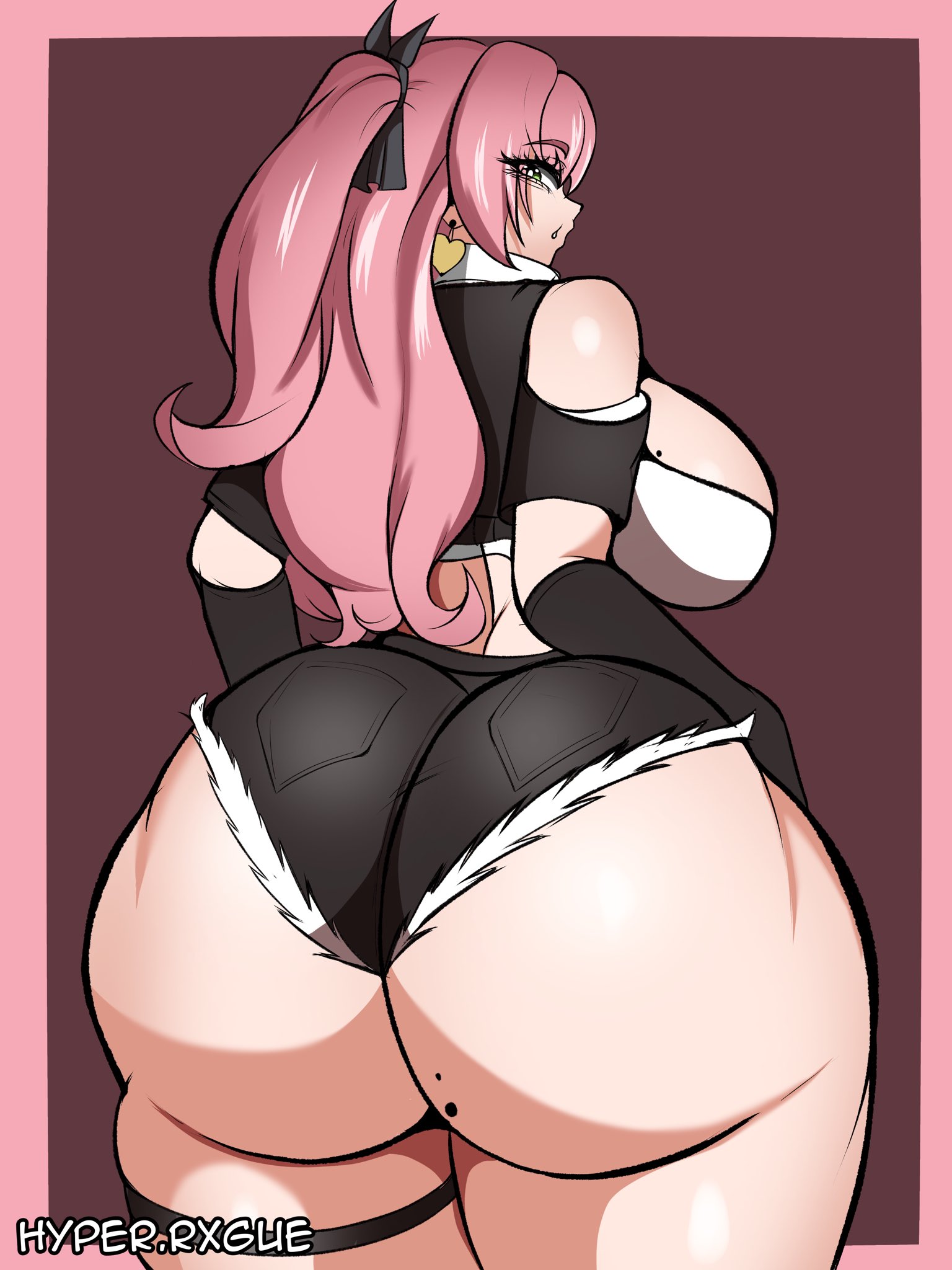 1girls, ass, ass focus, ass hanging out, ass hanging out of shorts, big ass, big breasts, booty shorts, bottom heavy, breasts, bubble ass, bubble butt, clothing, fat ass, female, female only, gluteal fold, huge ass, hyperrxgue, large ass, looking at viewer, looking back, massive ass, nicole demara, pink hair, rear view, short shorts, shorts, solo, thick ass, thick thighs, wide hips, zenless zone zero