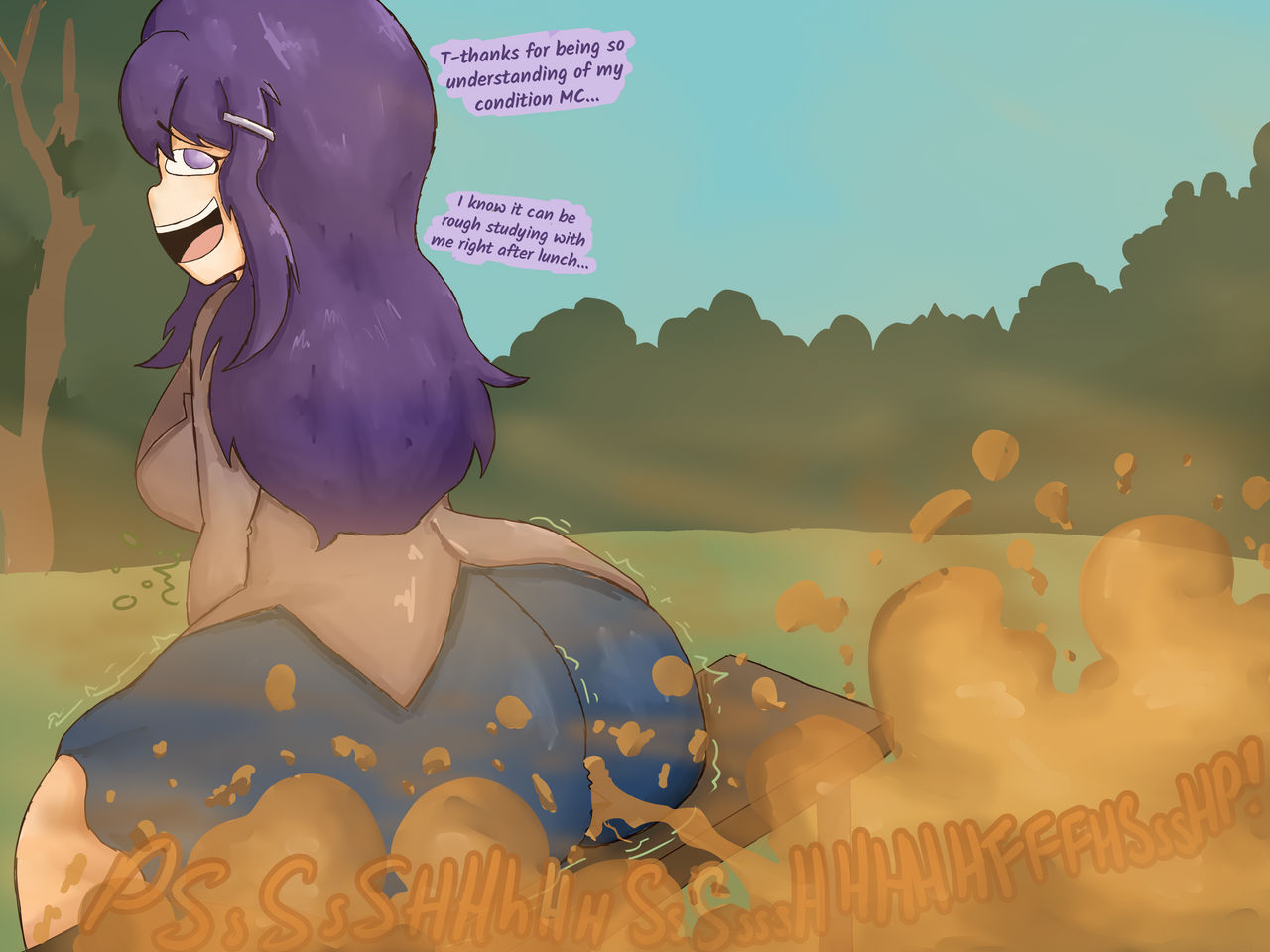 doki doki literature club, fart, fart cloud, fart everywhere, fart fetish, female, irritable bowel syndrome, modestpal, purple hair, sweatdrop, upskirt, yuri (doki doki literature club)