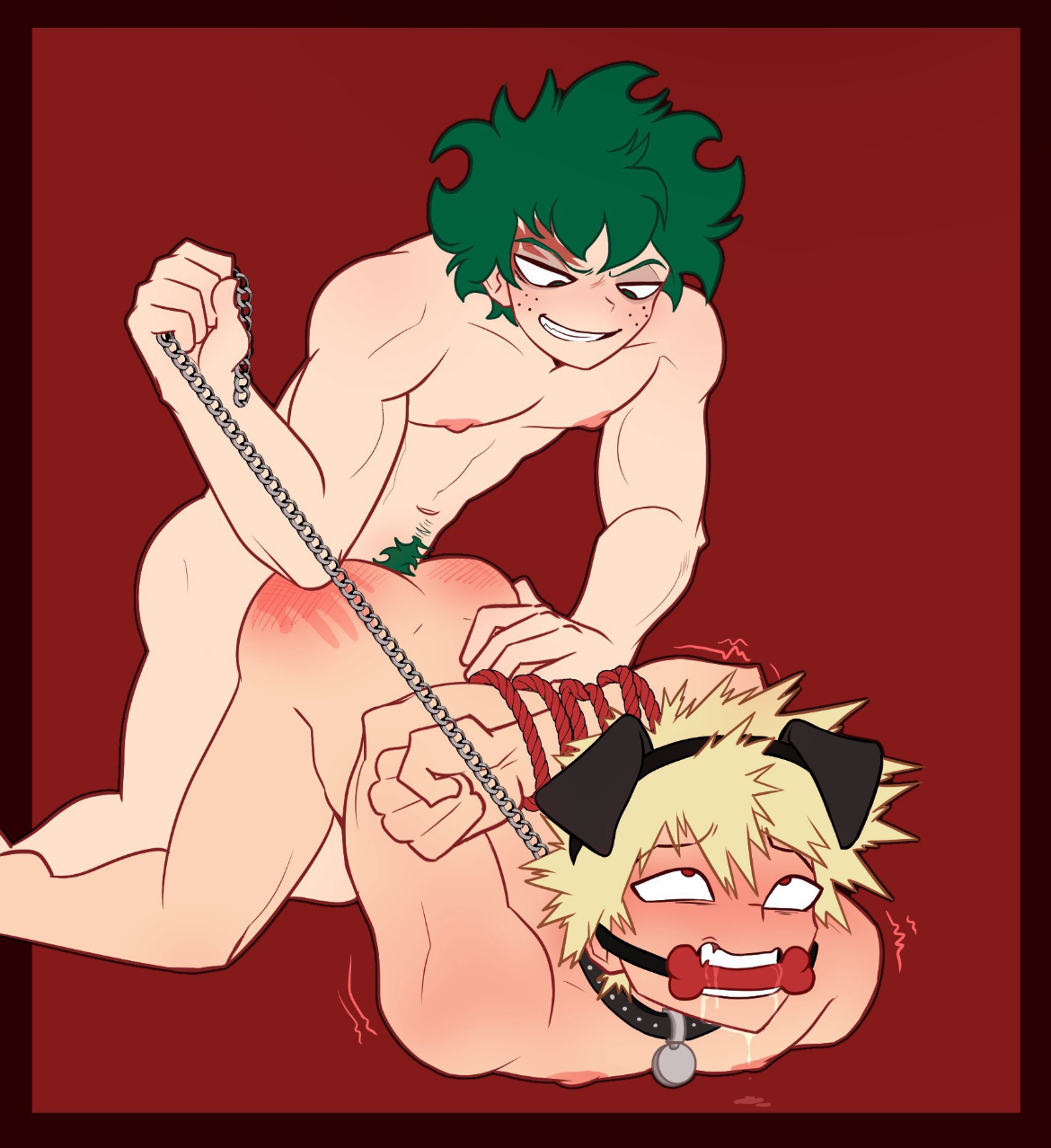 arms behind back, arms tied, bondage, bone gag, collar, dog ears, dominant, dominant male, domination, eyes rolling back, gag, gagged, gay, gay domination, gay sex, handprint, handprint on ass, izuku midoriya, katsuki bakugou, leash, leash and collar, leash pull, male, male focus, male only, male penetrated, male penetrating, male penetrating male, male/male, muscular, muscular male, my hero academia, naked, naked male, nude, nude male, pretty werewolf, pubic hair, red ass, smile, submissive, submissive male, yaoi