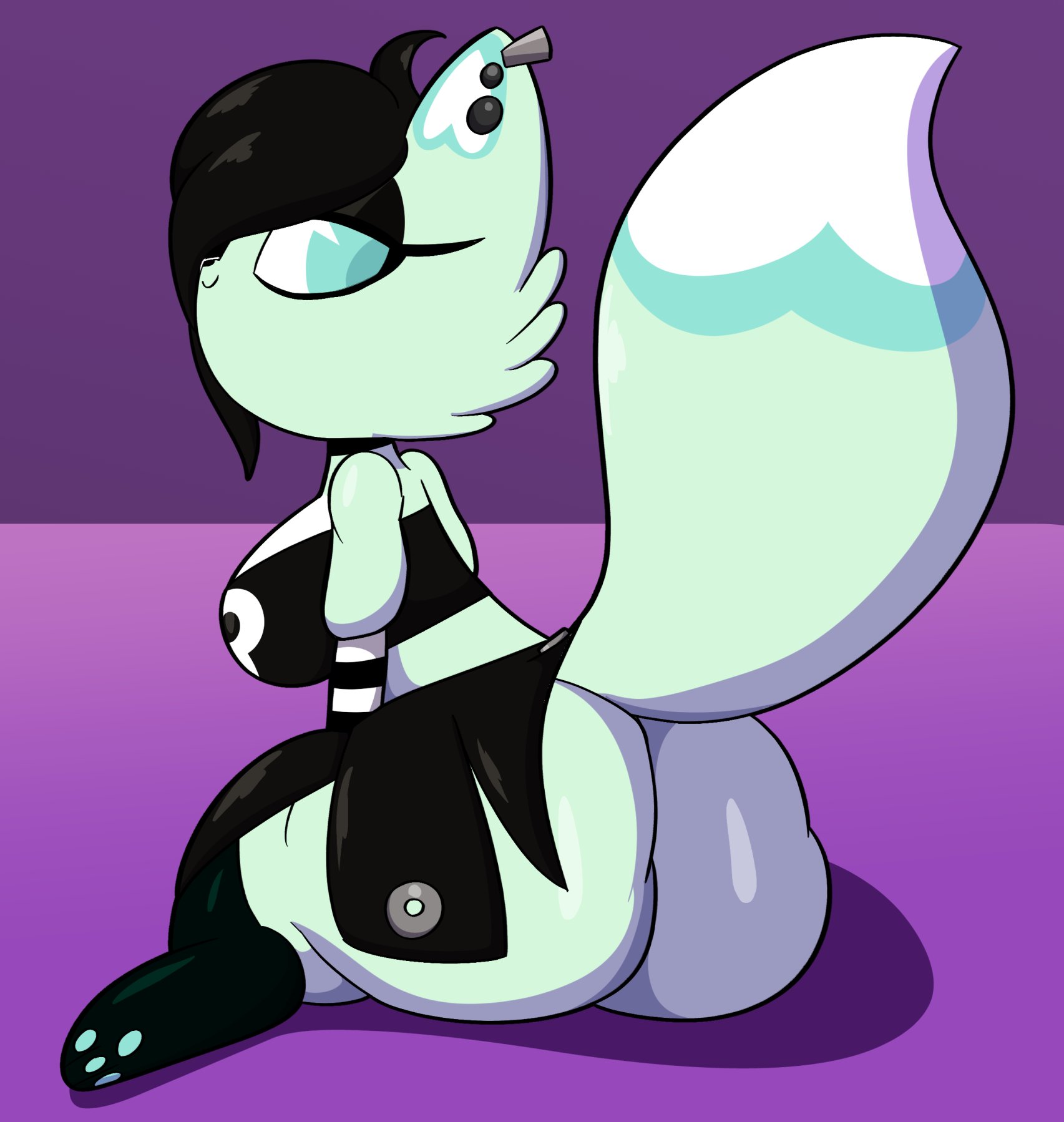 1girls, alternate version available, anthro, armwear, ass, bedroom eyes, big ass, big tail, black eyeshadow, black hair, bottom heavy, breasts, bubble ass, bubble butt, chikn nuggit, choker, dot nose, ear piercing, eyelashes, eyeliner, female, furry, gloves, goth, goth girl, green eyes, green fur, hair over one eye, half-closed eyes, head tuft, hourglass figure, legs apart, mascara, pawpads, sitting, skirt, slushi (chikn nuggit), socks, someth1ngoranother, tail, thick thighs, thigh highs, thigh squish, two-tone fur, white fur