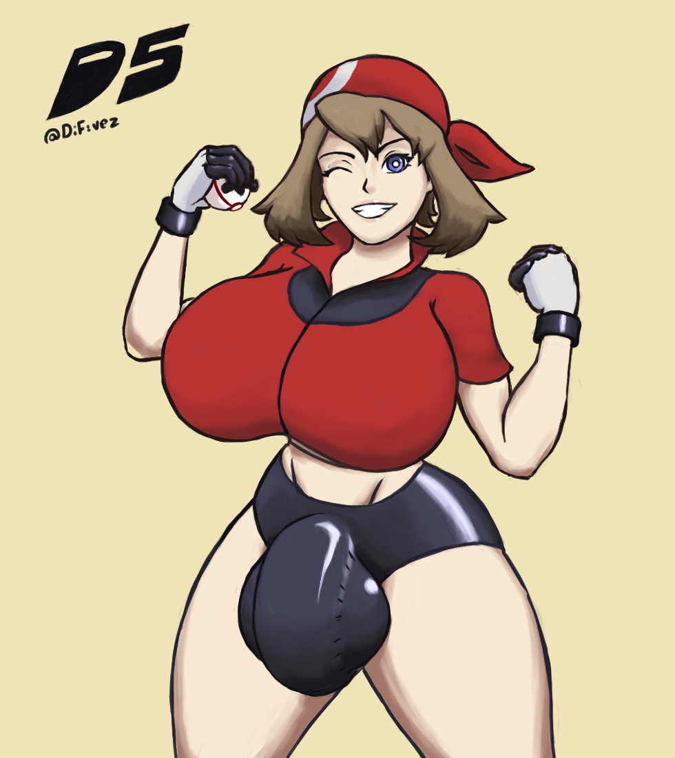 1futa alternate_breast_size ass bandana big_ass big_breasts big_penis big_testicles blue_eyes brown_hair bulge d5 dickgirl eye_contact eyelashes flaccid futa_only futanari gloves huge_breasts huge_penis huge_testicles human human_only intersex looking_at_viewer may_(pokemon) midriff nintendo one_eye_closed penis pokemon pokemon_rse pose shirt skin_tight smile solo spread_legs standing testicles text thick_thighs thigh_gap underweat watermark wide_hips wink yellow_background