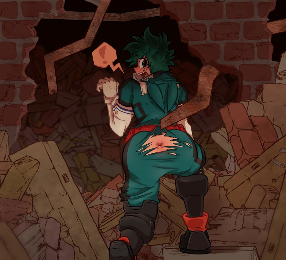 accidental exposure, anal access, anus, ass, asshole, blush, boku no hero academia, clothed, clothing, clothing malfunction, easy access, embarrassed, gay, izuku midoriya, looking back, male, male focus, male only, midoriya izuku, my hero academia, pretty werewolf, public, public exposure, public nudity, ripped clothing, ripped pants, solo, solo focus, solo male, yaoi