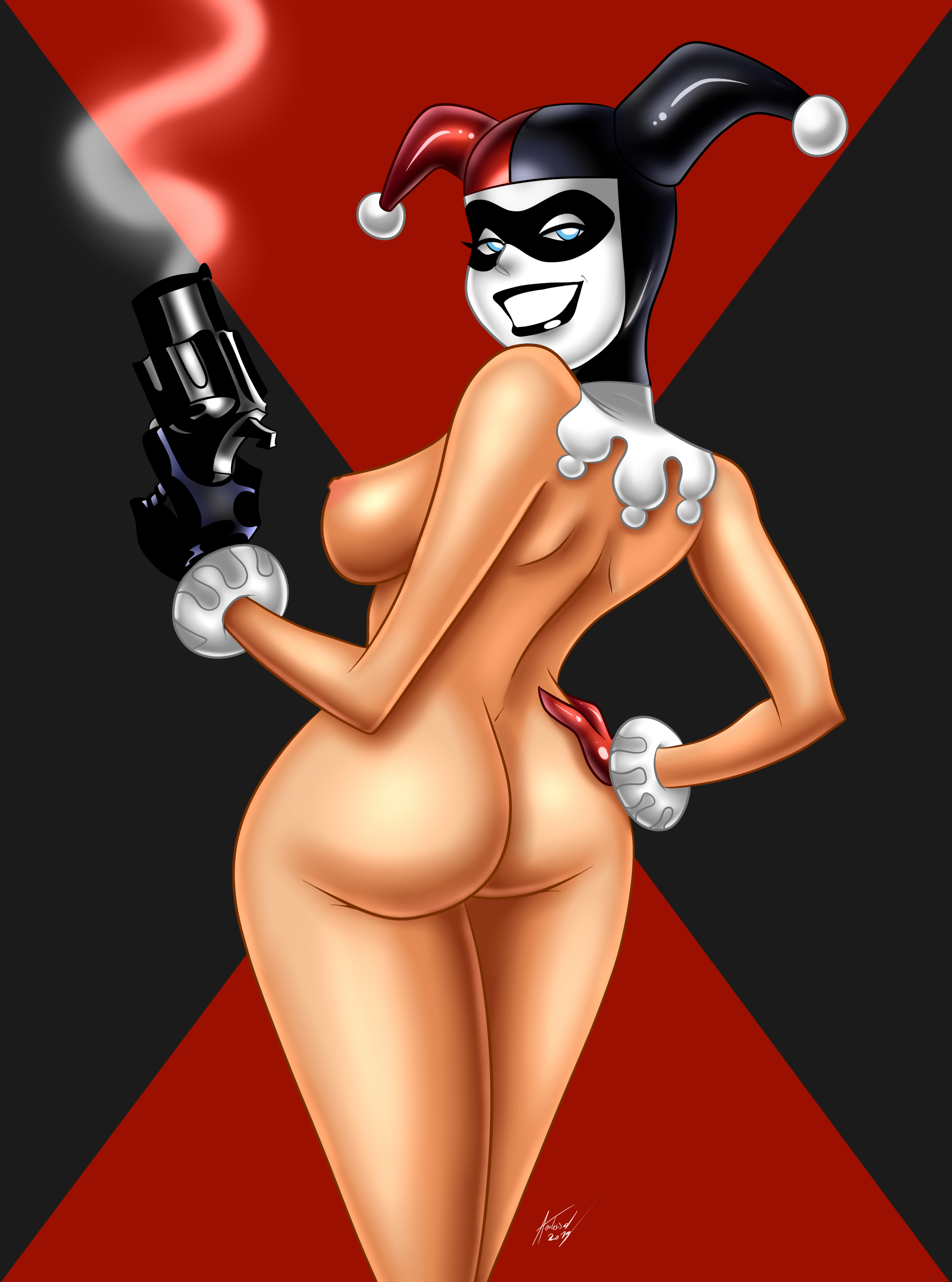 1girls, alternate version available, andersonicth, areolae, ass, batman (series), batman: the animated series, big ass, blue eyes, breasts, casual, dc, dc comics, dcau, female, female only, firearm, gun, handgun, handwear, harley quinn, harley quinn (classic), headwear, human, nipples, nude, pale skin, revolver, solo, teeth, weapon
