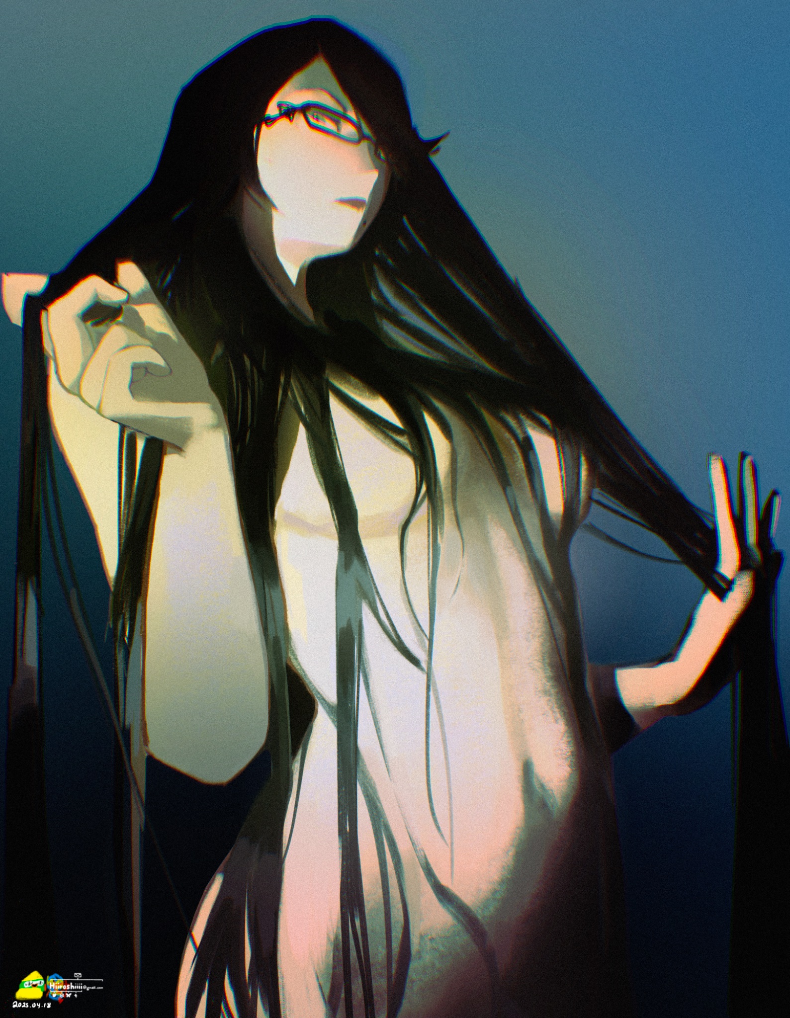 1girls, bayonetta, bayonetta (character), black hair, breasts, chromatic aberration, female, female only, glasses, gradient background, hair covering nipples, hi res, hiiroshiiii, human, light skin, light-skinned female, long hair, low-angle view, naked glasses, nude, nude female, platinum games, slim, solo, very long hair, watermark