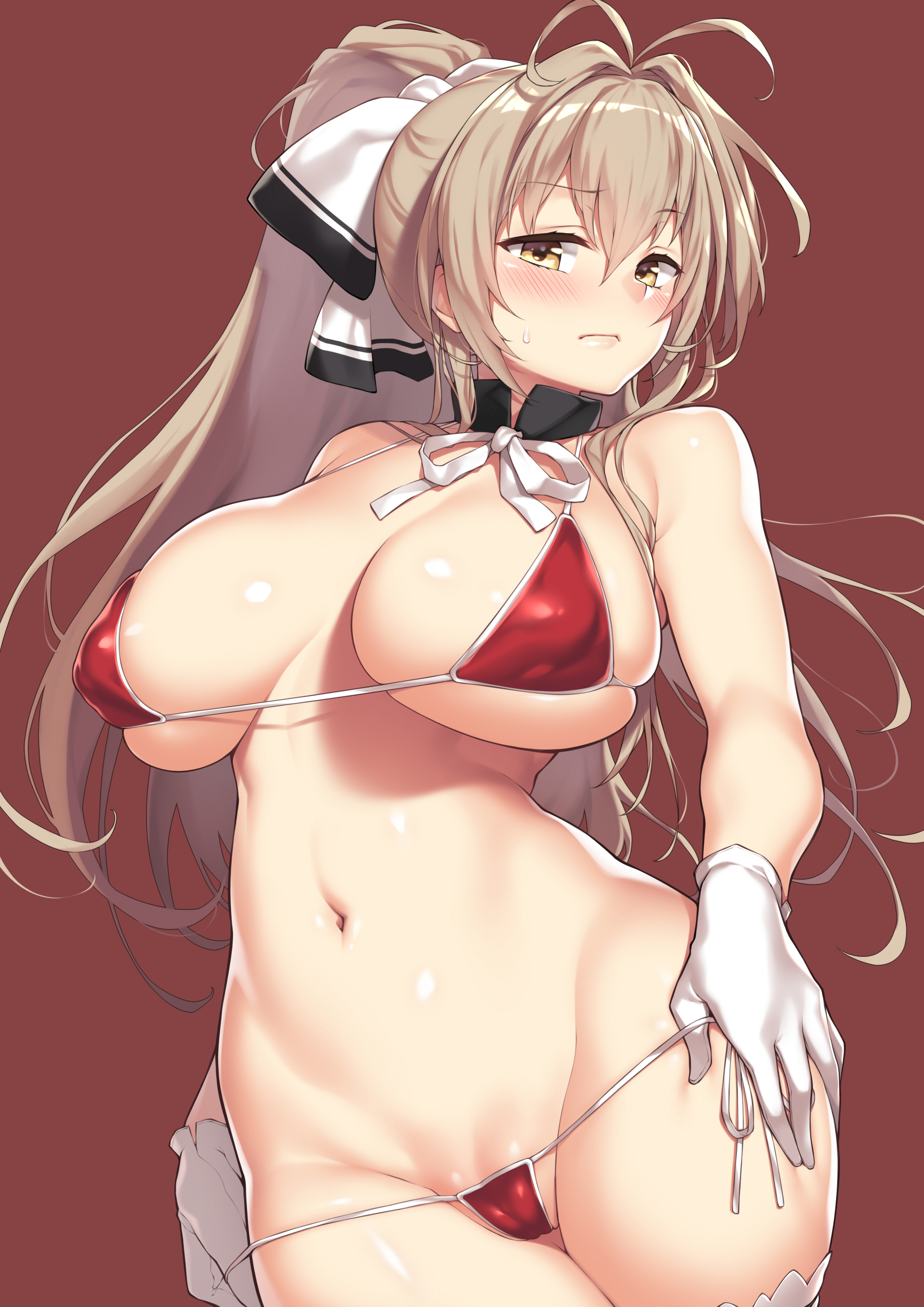 1girls, amagi brilliant park, big breasts, bikini, blush, breasts, female, fuya (tempupupu), gloves, ponytail, red background, ribbon, sento isuzu, solo, solo female, tagme
