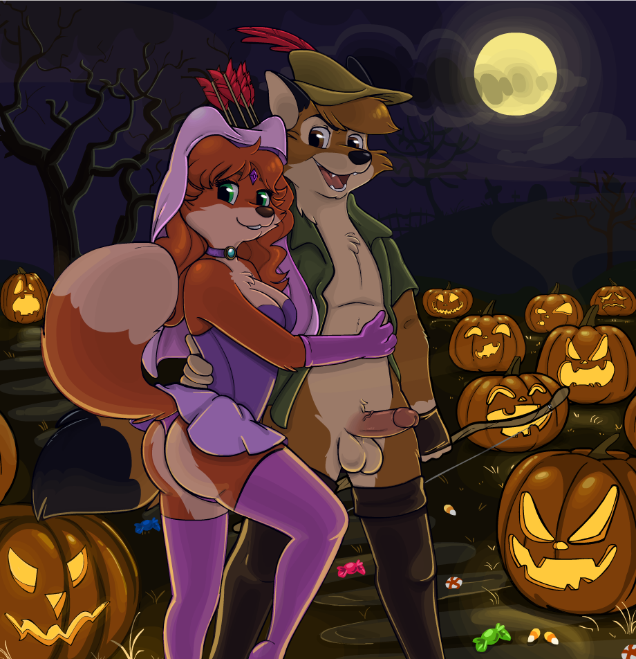 anthro arrow ass balls blue_eyes bow_(weapon) breasts brown_eyes candy candy_corn canid canine canon_couple choker cleavage clothed clothing cosplay dipstick_tail disney duo enwood_the_fox female food fox fur germaine_(vixen) germainethevixen hair halloween hat headgear headwear holidays humanoid_penis jack-o'-lantern jewelry maid_marian male mammal moon mostly_nude multicolored_tail necklace night open_shirt orange_fur orange_hair penis ranged_weapon robin_hood_(character) robin_hood_(disney) straight testicles weapon