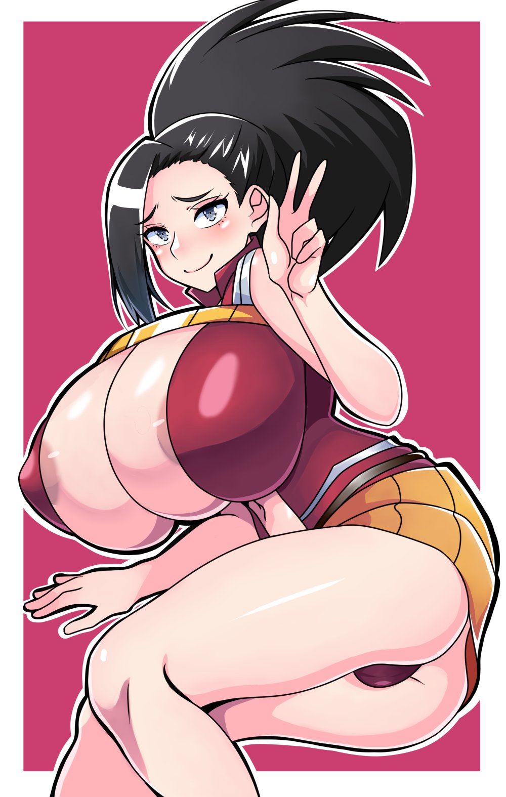 1girls, areolae, ass, big breasts, black hair, breasts, female, female only, hero outfit (mha), human, human female, leotard, light-skinned female, long hair, momo yaoyorozu, momo yaoyorozu (hero outfit), my hero academia, nipples visible through clothing, ponytail, senak012, shounen jump, smile, solo, solo female, solo focus, superheroine