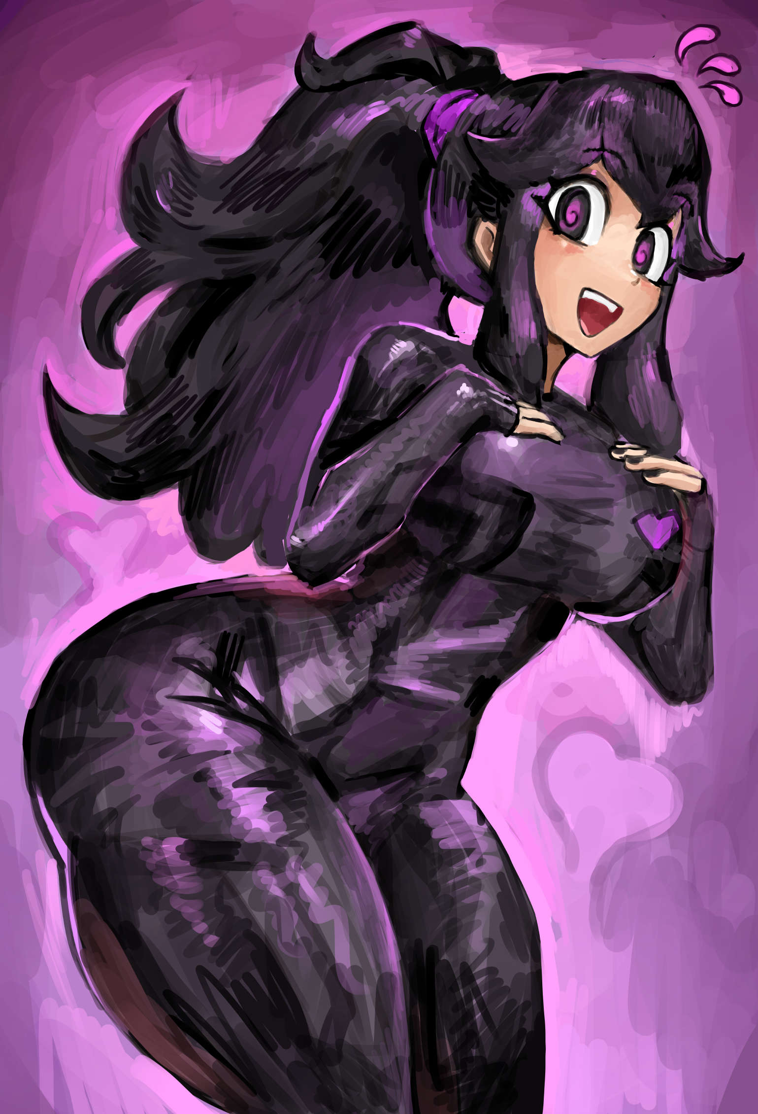 @ @, 1girls, bangs, big breasts, blush, breasts, busty, cleavage, clothed, clothing, creatures (company), curvy, curvy female, dark hair, female, female focus, female only, game freak, hands on breasts, heart, hex maniac, large breasts, long hair, nintendo, npc, npc trainer, pokemon, pokemon trainer, purple hair, saiykik, samus aran (cosplay), smile, solo, solo female, wide hips, zero suit samus (cosplay)