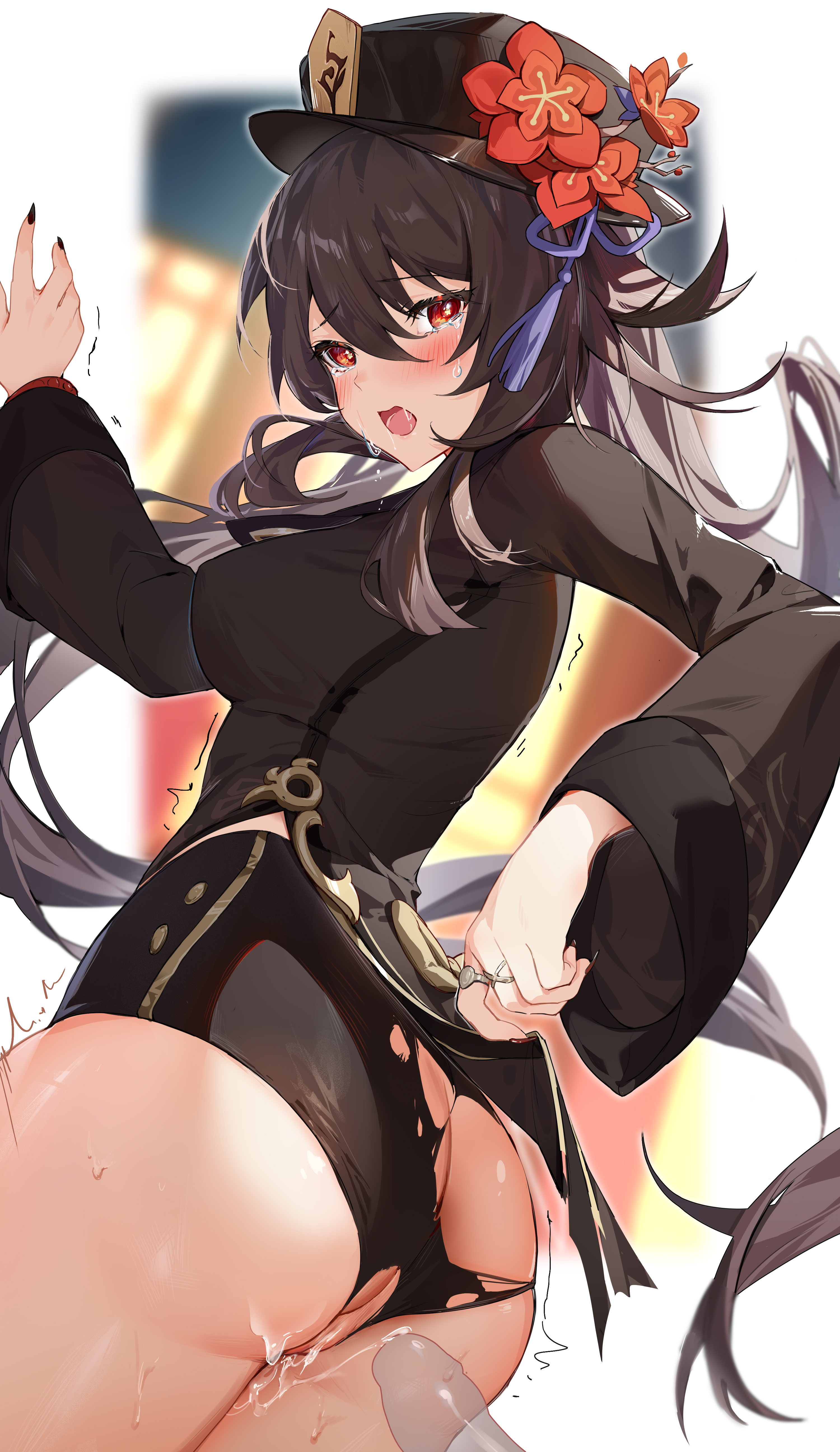 boobs, breasts, brown hair, censored, dick, female, genshin impact, houkiboshi (mmjw7432), hu tao (genshin impact), liyue girls, male, mosaic censoring, penis, pussy, red eyes, red flower, tagme
